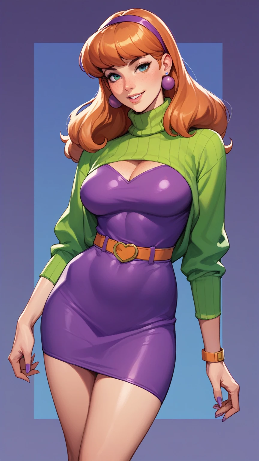 Beautiful medium breasts, 1girl, ((purple hair, wavy hair with bangs)) ((beautiful girl)) light green eyes, has an beautiful sensual body with freckles, with full breasts and thin waist, HIP HOP Beautiful and cute Beautiful long sweater, short leggings, little hearts, fabric delicate, has a bold appearance. young, quality, realistic, best quality, cute expression, pink lipstick lips, sexy smile, leaning, In the beautiful romantic room