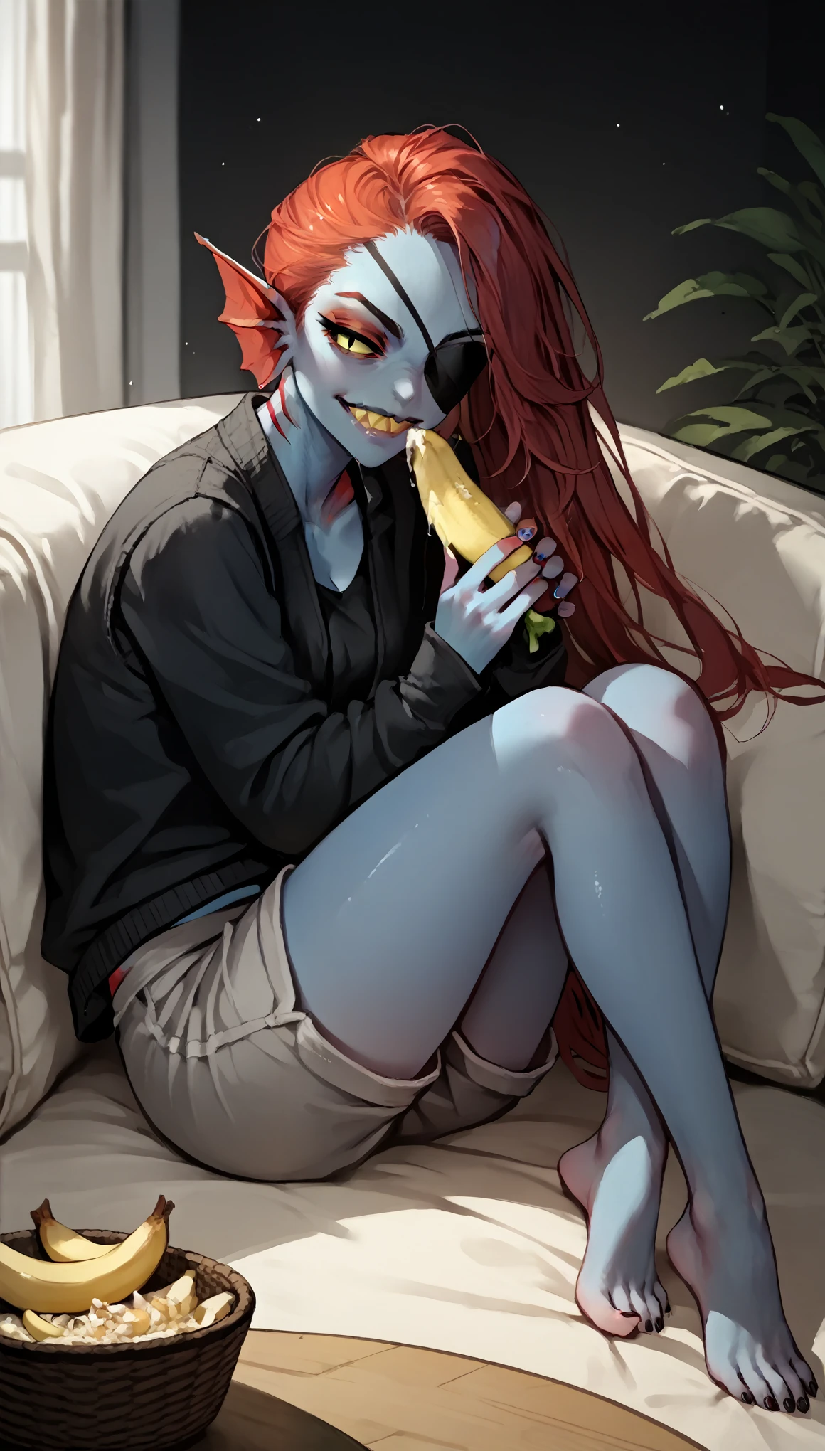 Fraction_9,Fraction_8_direction_7_up, undyne from undertale, Grin, Sharp yellow teeth, Eye mask, black eyes, sclera, Wearing a black vest, Grey shorts, Sitting on the sofa, In the living room, Cross your legs, barefoot, 5 toes, paw,(masterpiece, best quality: 1.2),Sexy eyes,Head close-up,Moist sexy lips,A lot of saliva ,eating banana