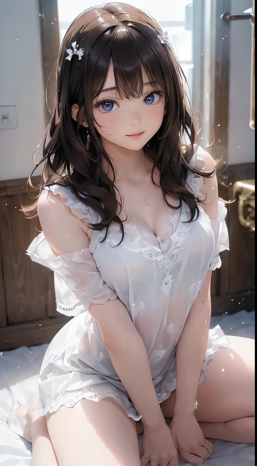 very cute and beautiful girl standing near window,white sun dress with detailed frills,(skirt lift,white panties),
(highly detailed beautiful face and eyes:1.2),antique hotel bedroom with outside view,distant trees and ocean,
cowboy shot,smile,medium hair,black hair,dynamic angle,(best quality,masterpiece:1.2),(intricate details),
extremely detailed,highres,1 girl,solo,natural lighting,light particles,beautiful detailed sky,