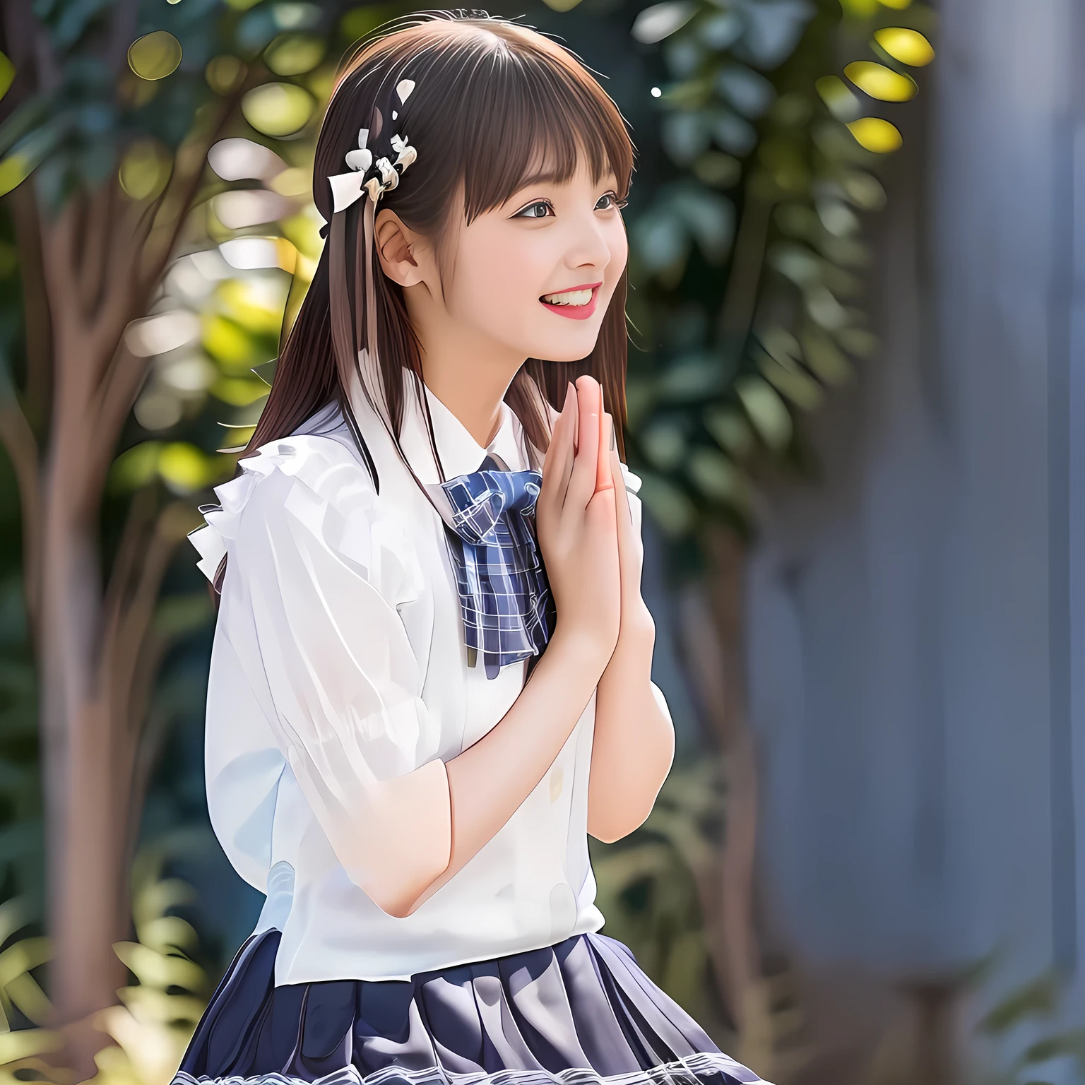 (Highest quality, masterpiece:1.2), Highest quality, High resolution, 1080P, 8k, height: 158cm, (A beautiful girls in a school uniform is sitting and praying, take the shot from their side: 2.0), (School-uniform beautiful **** girl models are smiling nobly in a young girls fashion magazine's page, promoting school uniform designed by Japanese school-wear maker: 1.8), (Well-grown rich breast and nice style: 1.8), (well arranged, balanced, untied, neat glossy wavy wavy super-long hair like hair model), (Double-deep-eyelids, wide pupils, completely balanced, very very large, Japanese beautiful popular model's cute widely open eyes, with detailed beautifully: 2.0), (Very-glossy lustrous lips: 1.8), (very high nose: 1.4), (Rich and long bottom-eye-slashes: 1.2), (Drives me crazy for her navy-colored neat tartan plaid blue skirts and make me fall into her navy-colored plaid-print pleats skirt: 1.4), (Fine white-face: 1.6), (Noble girly feminine frilled frilled clean frilled white girly puffed-sleeves blouse: 1.6), (Navy pleated plaid skirt: 1.5), (Burgundy string-ribbon on the breast: 1.4), (Girl whom everyone loves because of her beauty and neat school fashion and noble manner and magic-charm of succubus: 1.3), (full body shot), (evenly cut curled glossy rich beautiful bangs: 1.6), (bright light hitting her white-face and skirt clearly beautifully), white-shining skin, (She is kissing, licking, and drinking the transparent air in front of her face, and grabbing it with her both beautiful hands and fingers like a prayer: 1.4), (All viewers will be captivated by her because her smile is too much cute), (Nothing but complete plain light blue background: 1.4)