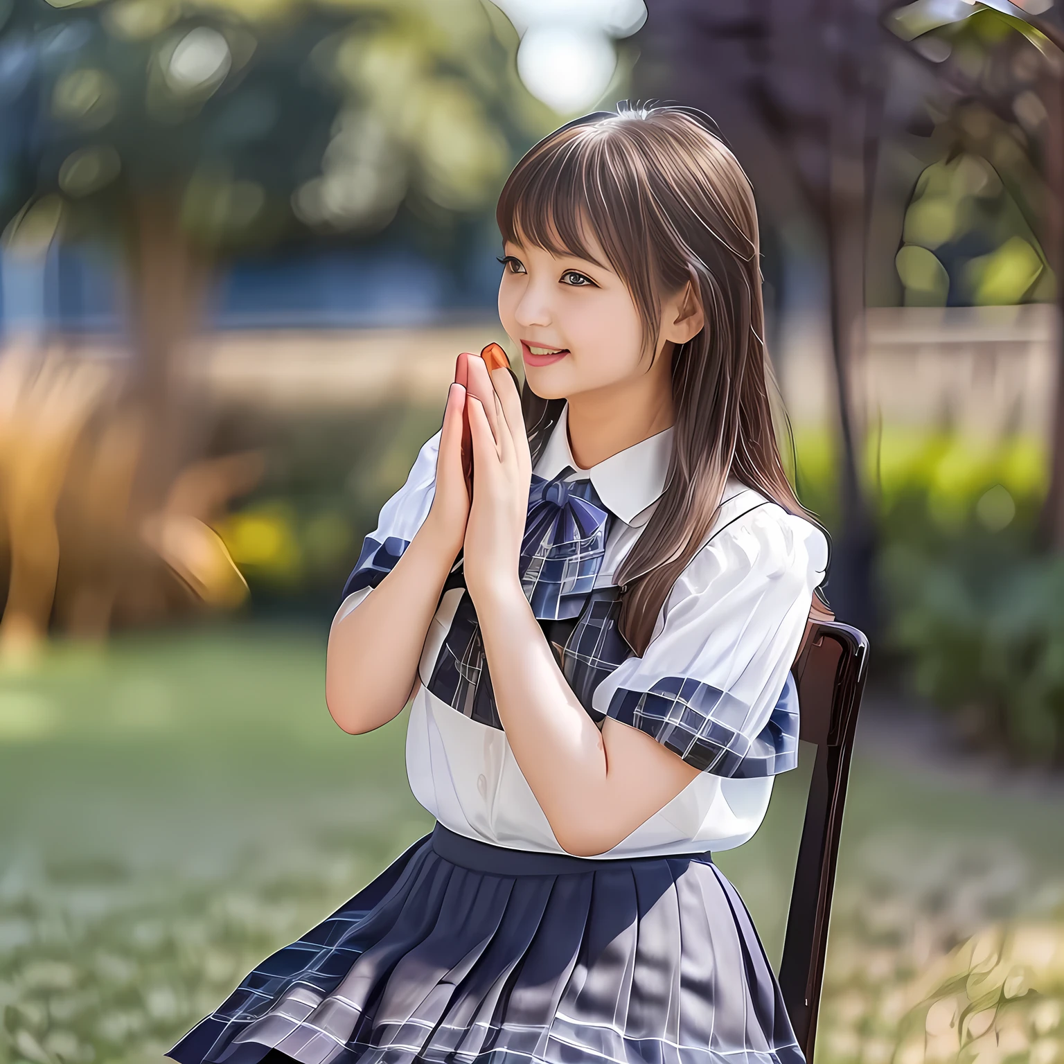 (Highest quality, masterpiece:1.2), Highest quality, High resolution, 1080P, 8k, height: 158cm, (A beautiful girls in a school uniform is sitting and praying, take the shot from their side: 2.0), (School-uniform beautiful **** girl models are smiling nobly in a young girls fashion magazine's page, promoting school uniform designed by Japanese school-wear maker: 1.8), (Well-grown rich breast and nice style: 1.8), (well arranged, balanced, untied, neat glossy wavy wavy super-long hair like hair model), (Double-deep-eyelids, wide pupils, completely balanced, very very large, Japanese beautiful popular model's cute widely open eyes, with detailed beautifully: 2.0), (Very-glossy lustrous lips: 1.8), (very high nose: 1.4), (Rich and long bottom-eye-slashes: 1.2), (Drives me crazy for her navy-colored neat tartan plaid blue skirts and make me fall into her navy-colored plaid-print pleats skirt: 1.4), (Fine white-face: 1.6), (Noble girly feminine frilled frilled clean frilled white girly puffed-sleeves blouse: 1.6), (Navy pleated plaid skirt: 1.5), (Burgundy string-ribbon on the breast: 1.4), (Girl whom everyone loves because of her beauty and neat school fashion and noble manner and magic-charm of succubus: 1.3), (full body shot), (evenly cut curled glossy rich beautiful bangs: 1.6), (bright light hitting her white-face and skirt clearly beautifully), white-shining skin, (She is kissing, licking, and drinking the transparent air in front of her face, and grabbing it with her both beautiful hands and fingers like a prayer: 1.4), (All viewers will be captivated by her because her smile is too much cute), (Nothing but complete plain light blue background: 1.4)