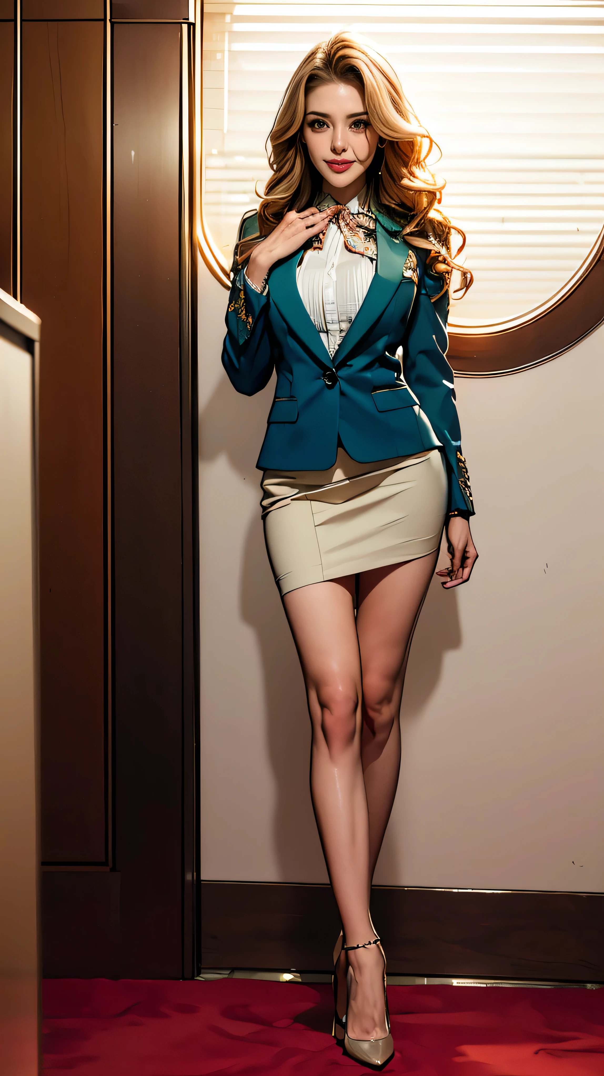 (Very detailed, Realistic, Highest quality, 4K, 8k, High resolution, masterpiece:1.3), An attractive flight attendant with a graceful and elegant figure. Erin Anderson is tall and slender, long, Wavy golden blonde hair styled in loose curls. She has attractive, friendly, bright green eyes.. She is wearing a provocative white silk uniform., Pair it with a blazer jacket, Short pencil skirt, Black high heels, Silk scarf, Side Cap. Her attitude is friendly and approachable, With a radiant smile that enhances her warm presence. The background is smooth, A modern private jet parked on the runway, Emphasise your role as an elite flight attendant. This scene captures her polished and professional appearance., highlighting her elegance and the luxurious environment in which she works, (Intricate details, Very finely crafted needles, Very finely crafted fingers, Full-body showcase, Show whole body).（Long hair that reaches down to the buttocks:1.5）((Hotel reception background, Blurred Background:1.4)), 
