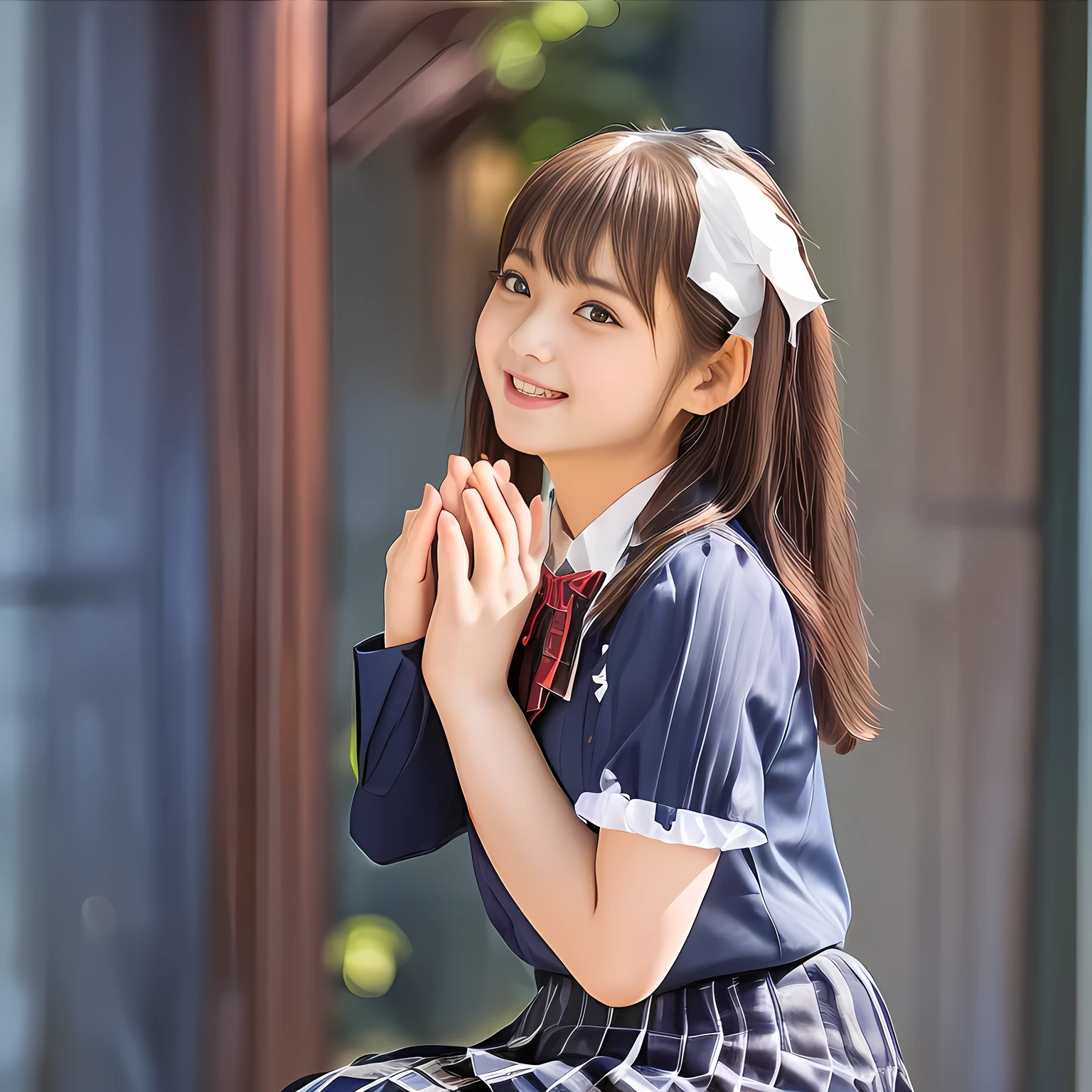 (Highest quality, masterpiece:1.2), Highest quality, High resolution, 1080P, 8k, height: 158cm, (A beautiful girls in a school uniform is sitting and praying, take the shot from their side: 2.0), (School-uniform beautiful **** girl models are smiling nobly in a young girls fashion magazine's page, promoting school uniform designed by Japanese school-wear maker: 1.8), (Well-grown rich breast and nice style: 1.8), (well arranged, balanced, untied, neat glossy wavy wavy super-long hair like hair model), (Double-deep-eyelids, wide pupils, completely balanced, very very large, Japanese beautiful popular model's cute widely open eyes, with detailed beautifully: 2.0), (Very-glossy lustrous lips: 1.8), (wide forehead, very high nose: 1.4), (Rich and long bottom-eye-slashes: 1.2), (Drives me crazy for her navy-colored neat tartan plaid blue skirts and make me fall into her navy-colored plaid-print pleats skirt: 1.4), (Fine white-face: 1.6), (Noble girly feminine frilled frilled clean frilled white girly puffed-sleeves blouse: 1.6), (Navy pleated plaid skirt: 1.5), (Burgundy string-ribbon on the breast: 1.4), (Girl whom everyone loves because of her beauty and neat school fashion and noble manner and magic-charm of succubus: 1.3), (full body shot), (evenly cut curled glossy rich beautiful bangs: 1.6), (bright light hitting her white-face and skirt clearly beautifully), white-shining skin, (She is kissing, licking, and drinking the transparent air in front of her face, and grabbing it with her both beautiful hands and fingers like a prayer: 1.4), (All viewers will be captivated by her because her smile is too much cute), (Nothing but complete plain light blue background: 1.4)