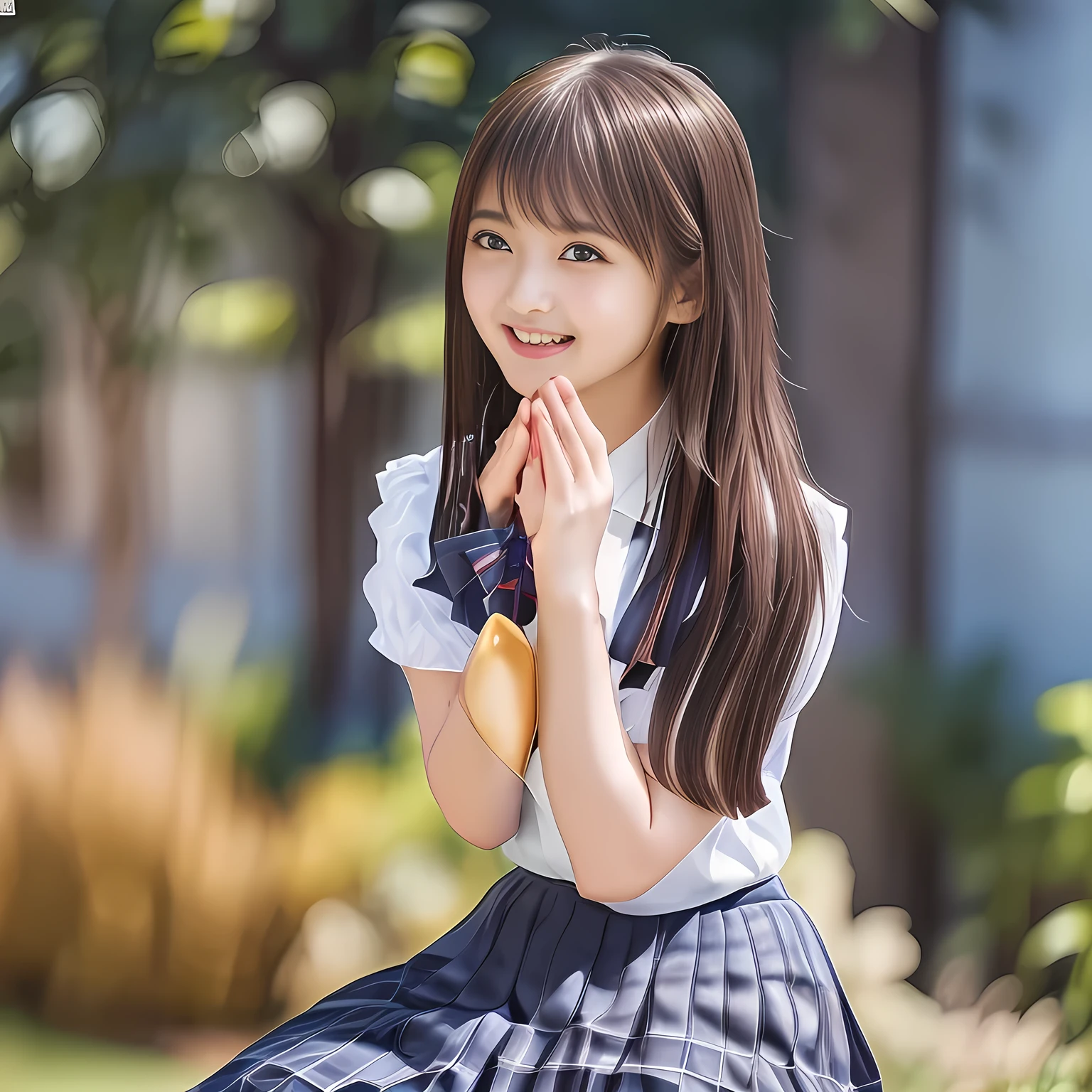 (Highest quality, masterpiece:1.2), Highest quality, High resolution, 1080P, 8k, height: 158cm, (A beautiful girls in a school uniform is sitting and praying, take the shot from their side: 2.0), (School-uniform beautiful **** girl models are smiling nobly in a young girls fashion magazine's page, promoting school uniform designed by Japanese school-wear maker: 1.8), (Well-grown rich breast and nice style: 1.8), (well arranged, balanced, untied, neat glossy wavy wavy super-long hair like hair model), (Double-deep-eyelids, wide pupils, completely balanced, very very large, Japanese beautiful popular model's cute widely open eyes, with detailed beautifully: 2.0), (Very-glossy lustrous lips: 1.8), (wide forehead, very high nose: 1.4), (Rich and long bottom-eye-slashes: 1.2), (Drives me crazy for her navy-colored neat tartan plaid blue skirts and make me fall into her navy-colored plaid-print pleats skirt: 1.4), (Fine white-face: 1.6), (Noble girly feminine frilled frilled clean frilled white girly puffed-sleeves blouse: 1.6), (Navy pleated plaid skirt: 1.5), (Burgundy string-ribbon on the breast: 1.4), (Girl whom everyone loves because of her beauty and neat school fashion and noble manner and magic-charm of succubus: 1.3), (full body shot), (evenly cut curled glossy rich beautiful bangs: 1.6), (bright light hitting her white-face and skirt clearly beautifully), white-shining skin, (She is kissing, licking, and drinking the transparent air in front of her face, and grabbing it with her both beautiful hands and fingers like a prayer: 1.4), (All viewers will be captivated by her because her smile is too much cute), (Nothing but complete plain light blue background: 1.4)