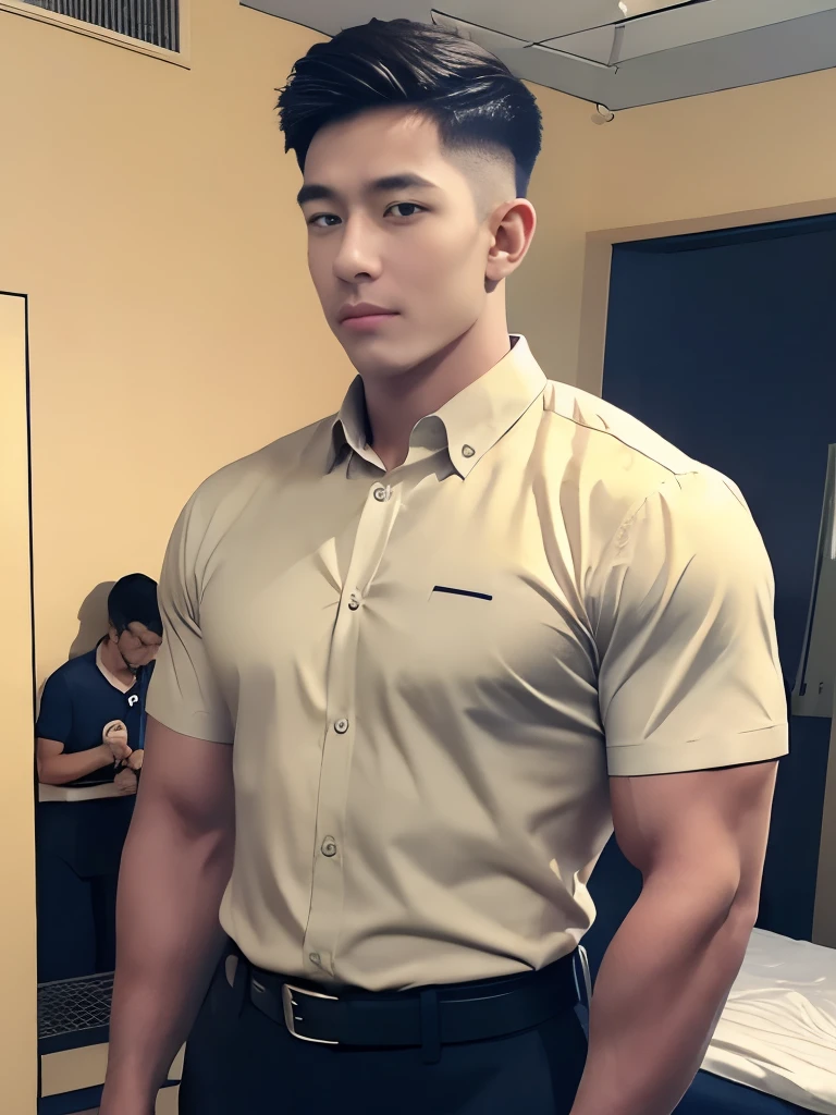 1 young handsome guy，20-25 years old，police officers，Interpol，Police Department，Handsome，musculous，hairy bodies，police uniforms（Fine eye 1：3），Black eyes，full bodyesbian