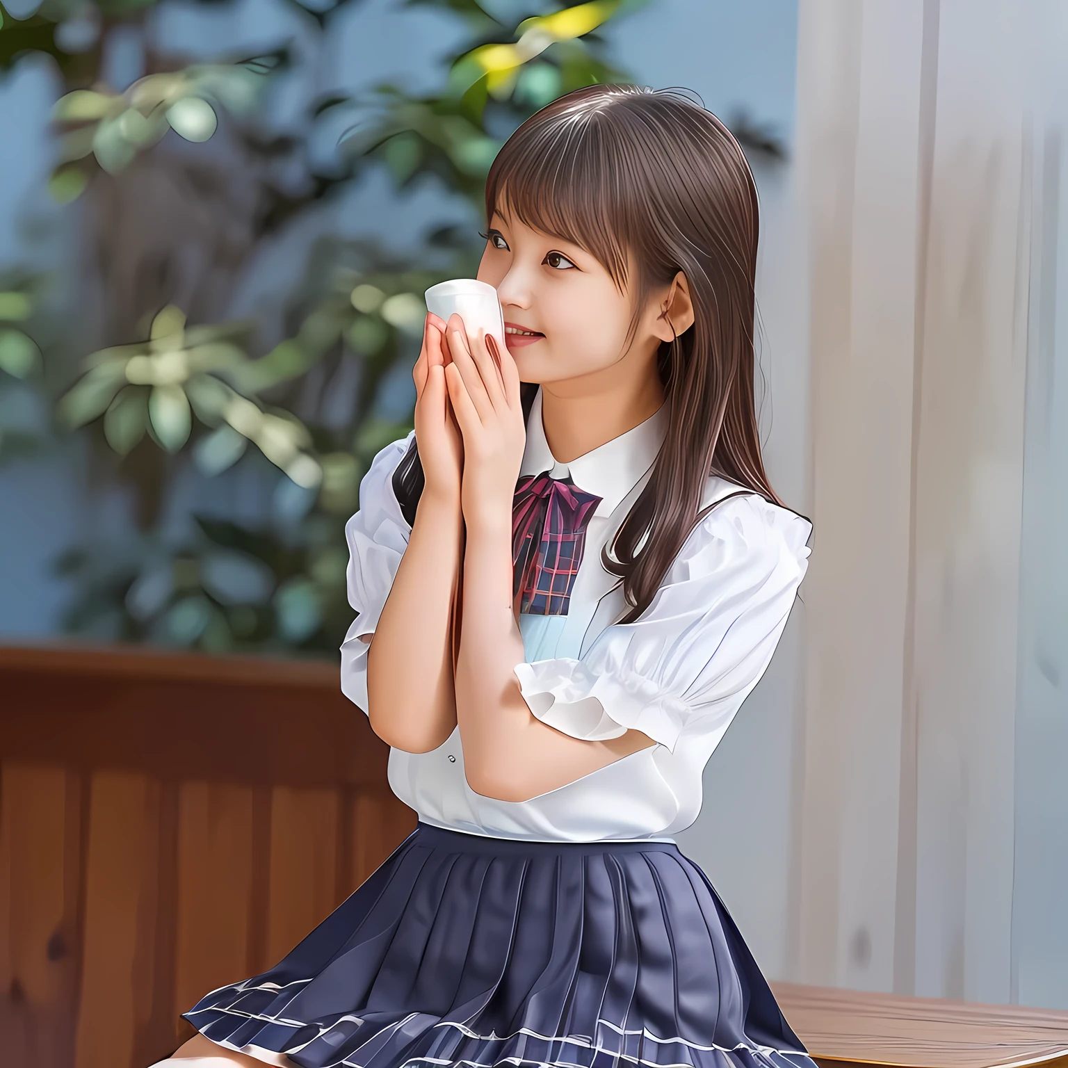 (Highest quality, masterpiece:1.2), Highest quality, High resolution, 1080P, 8k, height: 158cm, (A beautiful girls in a school uniform is sitting and praying, take the shot from their side: 2.0), (School-uniform beautiful 13yo girl models are smiling nobly in a young girls fashion magazine's page, promoting school uniform designed by Japanese school-wear maker: 1.8), (Well-grown rich breast and nice style: 1.8), (well arranged, balanced, untied, neat glossy wavy wavy super-long hair like hair model), (Double-deep-eyelids, wide pupils, completely balanced, very very large, Japanese beautiful popular model's cute widely open eyes, with detailed beautifully: 2.0), (Very-glossy lustrous lips: 1.8), (wide forehead, very high nose: 1.4), (Rich and long bottom-eye-slashes: 1.2), (Drives me crazy for her navy-colored neat tartan plaid blue skirts and make me fall into her navy-colored plaid-print pleats skirt: 1.4), (Fine white-face: 1.6), (Noble girly feminine frilled frilled clean frilled white girly puffed-sleeves blouse: 1.6), (Navy pleated plaid skirt: 1.5), (Burgundy string-ribbon on the breast: 1.4), (Girl whom everyone loves because of her beauty and neat school fashion and noble manner and magic-charm of succubus: 1.3), (full body shot), (evenly cut curled glossy rich beautiful bangs: 1.6), (bright light hitting her white-face and skirt clearly beautifully), white-shining skin, (She is kissing, licking, and drinking the transparent air in front of her face, and grabbing it with her both beautiful hands and fingers like a prayer: 1.4), (All viewers will be captivated by her because her smile is too much cute), (Nothing but complete plain light blue background: 1.4)