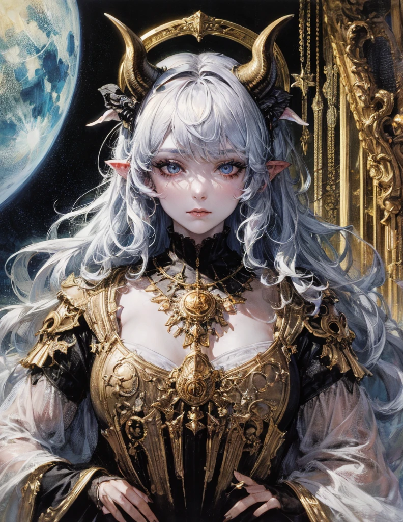 (best lighting) (best quality, masterpiece:1.2), (absurdres), 4k, (detailed eyes), (detailed face), ethereal , demonic woman with ((pale white)) wearing medieval armour and latex bodysuit. She has long white hair and is standing in front of a towering gothic castle, illuminated by a large moon over head, curvy, white wings and long horns, dark, moody, ((gothic)), ((dark fantasy)), medieval