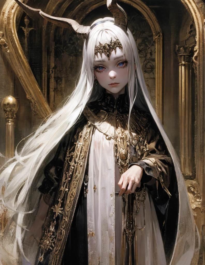 (best lighting) (best quality, masterpiece:1.2), (absurdres), 4k, (detailed eyes), (detailed face), ethereal , demonic woman with ((pale white)) wearing medieval armour and latex bodysuit. She has long white hair and is standing in front of a towering gothic castle, illuminated by a large moon over head, curvy, white wings and long horns, dark, moody, ((gothic)), ((dark fantasy)), medieval