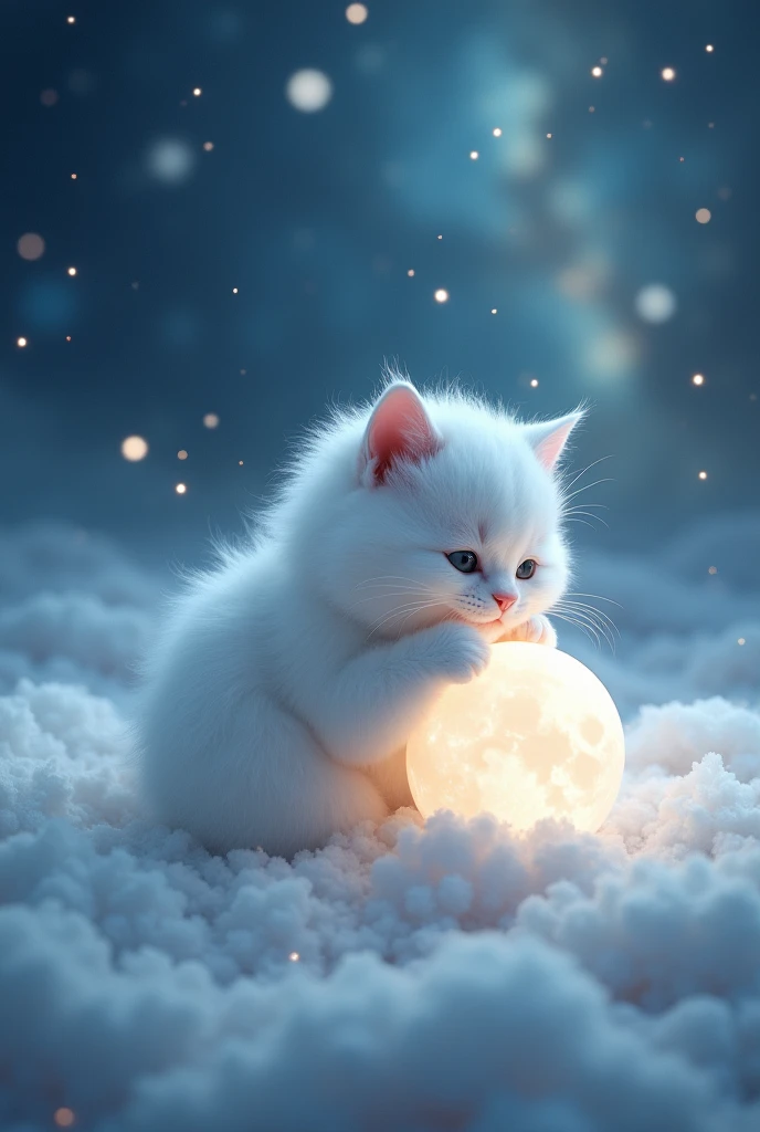 A white cat hugs a small white moon