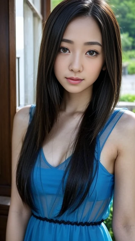 A beautiful girl、She has brown eyes and shoulder-length hair. A beautiful face without flaws, Small Breasts, Professional Makeup, A sexy look in a sheer blue dress、old house photography 