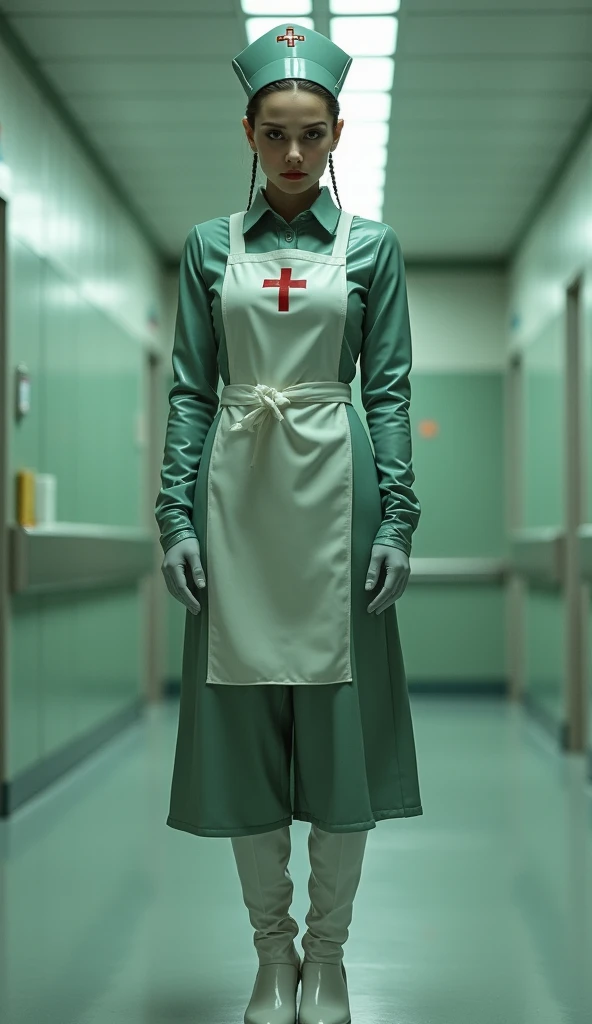 a creepy female mannequin wearing a nurse costume standing in hospital hallway,bandage wrapped face,holding scalpel,walking towards viewer,peeling wallpaper,dark lighting,shadows,Silent Hill,scary,epiCPhoto,horror theme