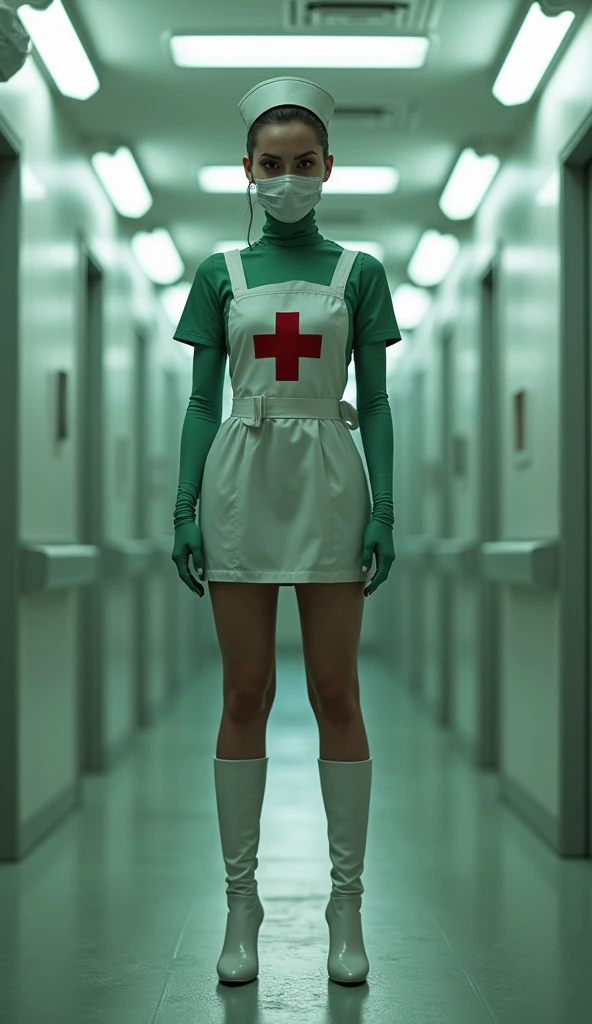 a creepy female mannequin wearing a nurse costume standing in hospital hallway,peeling wallpaper,dark lighting,Silent Hill,scary,epiCPhoto