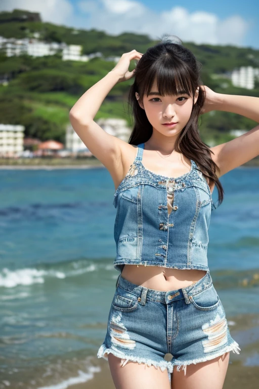 Photos of cute 18 year old Japanese girls、bikini、smile、(cowboy shot:1.4)、beach