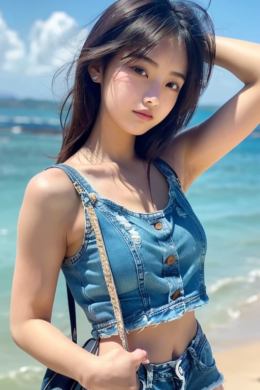 UHD, retina, masterpiece, ccurate, anatomically correct, textured skin, super detail, high details, high quality, award winning, best quality, highres, 1080P, HD, 4K, 8k, 16k、blue sea、Wide sky、Deep sandy beach、Cute Girls、(Denim overalls for the upper body only:1.2)、Sunburn mark、Lay a sheet on the beach、Resting on the seat、Pussy Line:1.2、Fingertips to the crotch:1.2,((((Very small and flat chest))))、Beautiful pussy lines:1.2、(The lower half of the body is completely naked and the pussy is beautiful:1.2),(A beautiful girl with double eyelids:1.5),(Skirt Lift:1.5),(きれいなPussy Line:1.4),