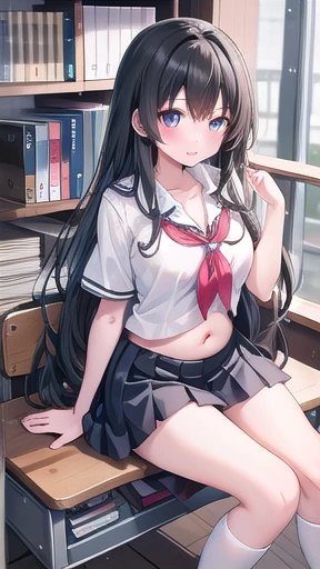 ((Masterpiece)), best quality, 4k,long hair, red eye, school univorm, navel visible, in classroom, sit