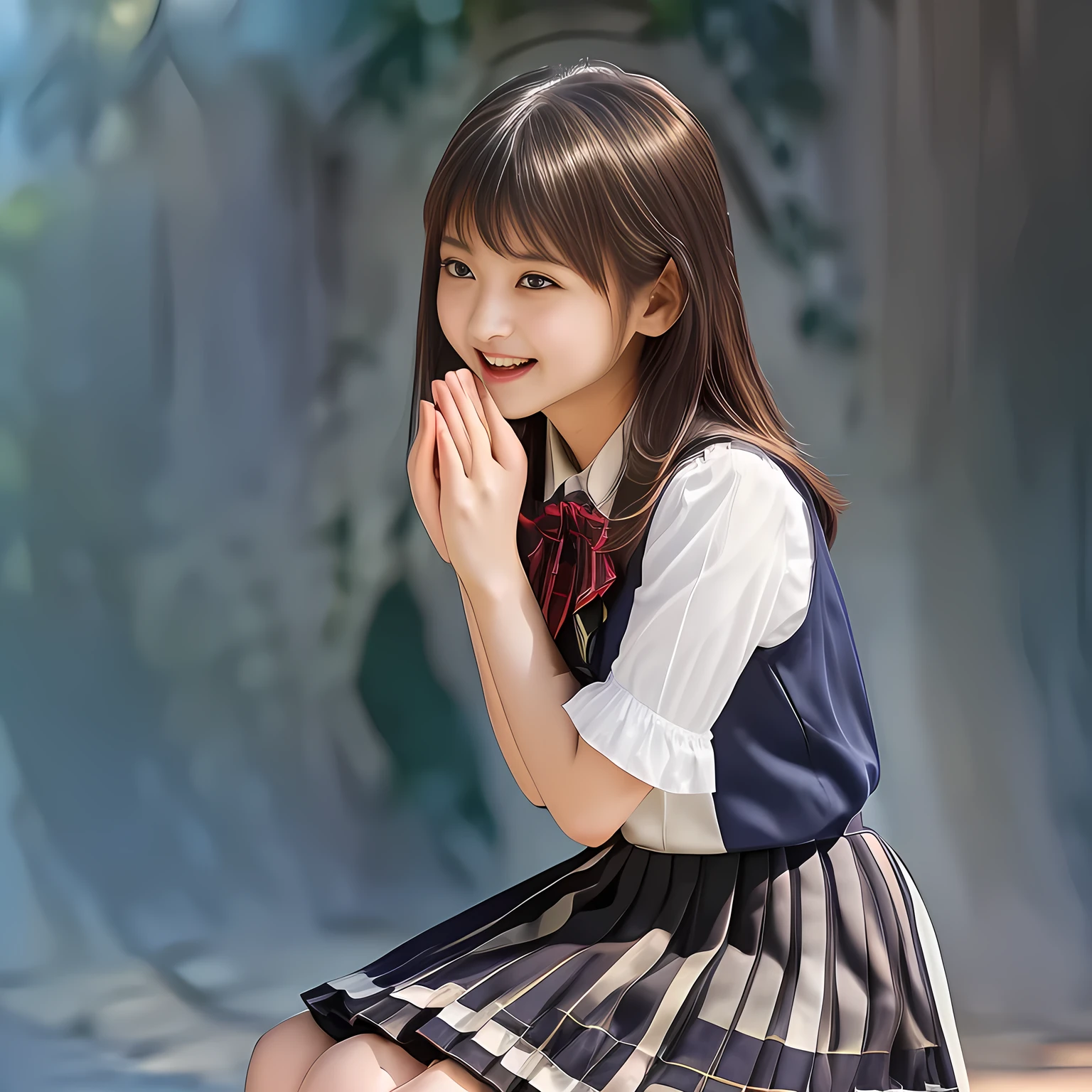 (Highest quality, masterpiece:1.2), Highest quality, High resolution, 1080P, 8k, height: 158cm, (A beautiful girls in a school uniform is sitting and praying, take the shot from their side: 2.0), (School-uniform beautiful 13yo girl models are smiling nobly in a young girls fashion magazine's page, promoting school uniform designed by Japanese school-wear maker: 1.8), (Well-grown rich breast and nice style: 1.8), (well arranged, balanced, untied, neat glossy wavy wavy super-long hair like hair model), (Double-deep-eyelids, wide pupils, completely balanced, very very large, Japanese beautiful popular model's cute widely open eyes, with detailed beautifully: 2.0), (Very-glossy lustrous lips: 1.8), (wide forehead, very high nose: 1.4), (Rich and long bottom-eye-slashes: 1.2), (Drives me crazy for her navy-colored neat tartan plaid blue skirts and make me fall into her navy-colored plaid-print pleats skirt: 1.4), (Fine white-face: 1.6), (Noble girly feminine frilled frilled clean frilled white girly puffed-sleeves blouse: 1.6), (Navy pleated plaid skirt: 1.5), (Burgundy string-ribbon on the breast: 1.4), (Girl whom everyone loves because of her beauty and neat school fashion and noble manner and magic-charm of succubus: 1.3), (full body shot), (evenly cut curled glossy rich beautiful bangs: 1.6), (bright light hitting her white-face and skirt clearly beautifully), white-shining skin, (She is kissing, licking, and drinking the transparent air in front of her face, and grabbing it with her both beautiful hands and fingers like a prayer: 1.4), (All viewers will be captivated by her because her smile is too much cute), (Nothing but complete plain light blue background: 1.4)