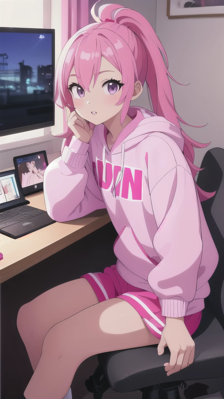 a YouTuber , young girl, dressed in pink hip-hop clothes , enjoying online games in her room at home in the middle of the night, anime style, parted lips, having a mobile phone