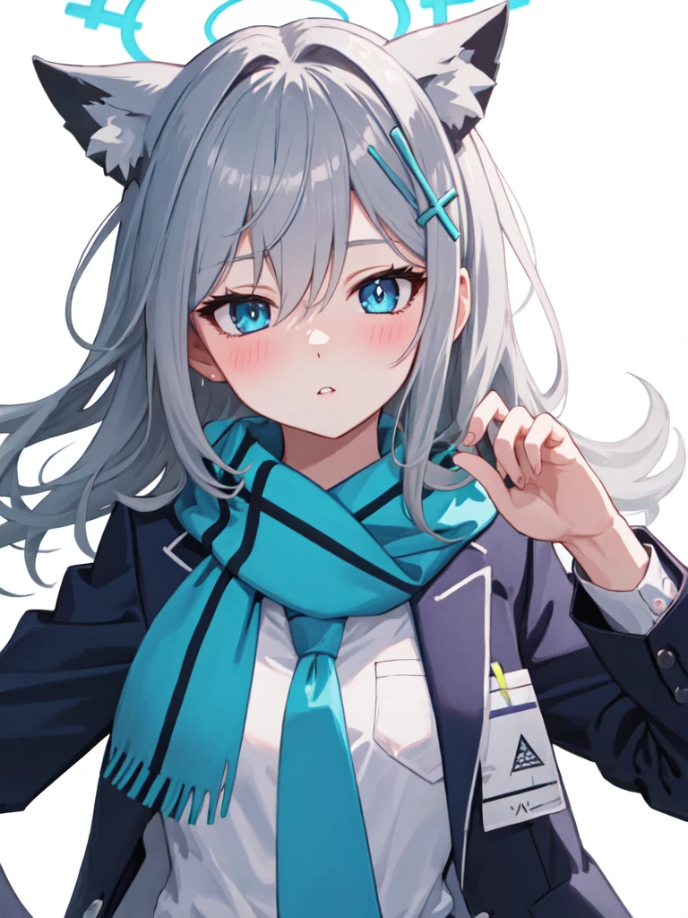 best quality, masterpiece, highres, solo, (shiroko_bluearchive:1.10), 1girl, blazer, blue necktie, blue scarf, looking at viewer, open jacket, school uniform, upper body, white shirt, black jacket, long sleeves, simple background, white background, blush, closed mouth, hair between eyes, parted lips, 9 