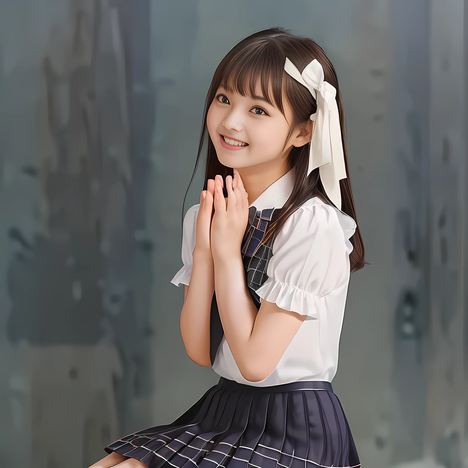 (Highest quality, masterpiece:1.2), Highest quality, High resolution, 1080P, 8k, height: 158cm, (A beautiful girls in a school uniform is sitting and praying, take the shot from their side: 2.0), (School-uniform beautiful **** girl models are smiling nobly in a young girls fashion magazine's page, promoting school uniform designed by Japanese school-wear maker: 1.8), (Well-grown rich breast and nice style: 1.8), (well arranged, balanced, untied, neat glossy wavy wavy super-long hair like hair model), (Double-deep-eyelids, wide pupils, completely balanced, very very large, Japanese beautiful popular model's cute widely open eyes, with detailed beautifully: 1.7), (Very-glossy lustrous lips: 1.8), (wide forehead, very high nose: 1.4), (Rich and long bottom-eye-slashes: 1.2), (Drives me crazy for her navy-colored neat tartan plaid blue skirts and make me fall into her navy-colored plaid-print pleats skirt: 1.4), (Fine white-face: 1.6), (Noble girly feminine frilled frilled clean frilled white girly puffed-sleeves blouse: 1.6), (Navy pleated plaid skirt: 1.5), (Burgundy string-ribbon on the breast: 1.4), (Girl whom everyone loves because of her beauty and neat school fashion and noble manner and magic-charm of succubus: 1.3), (full body shot), (evenly cut curled glossy rich beautiful bangs: 1.6), (bright light hitting her white-face and skirt clearly beautifully), white-shining skin, (She is kissing, licking, and drinking the transparent air in front of her face, and grabbing it with her both beautiful hands and fingers like a prayer: 1.4), (All viewers will be captivated by her because her smile is too much cute), (Nothing but complete plain light blue background: 1.4)