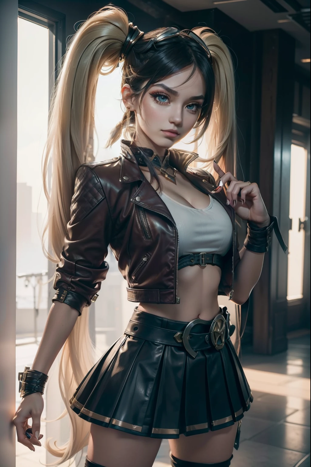 (generate layla from mobile legends, lady with double pigtail hairstle, wearing small leather jacket, (big), tanktop, skirt, holding big gun, beautifull face, pretty face, beautifull eyes, beautifull nose, raytracing, beautifull fingers, beautifull hands, (4 fingers in 1 hand), full body photoshoot, pretty makeup, perfect anatomy, good lighting, professional photoshoot, sharp eye, fresh lips