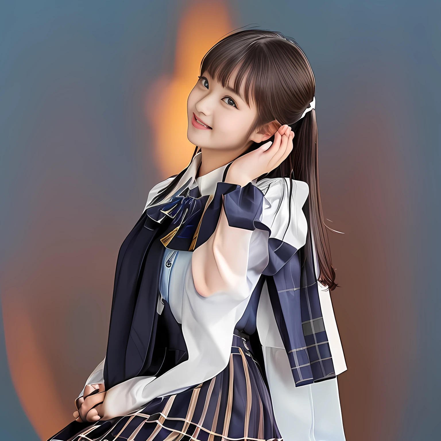 (Highest quality, masterpiece:1.2), Highest quality, High resolution, 1080P, 8k, height: 158cm, (A beautiful girl in a school uniform who has very cute face is sitting and praying, take the shot from their side: 2.0), (School-uniform beautiful 13yo girl models are smiling nobly in a young girls fashion magazine's page, promoting school uniform designed by Japanese school-wear maker: 1.8), (The face is completely organized), (Well-grown rich breast and nice style: 1.8), (well arranged, balanced, untied, neat glossy wavy wavy super-long hair like hair model), (Double-deep-eyelids, wide pupils, completely balanced, very very large, Japanese beautiful popular model's cute widely open eyes, with detailed beautifully: 1.7), (Very-glossy lustrous lips: 1.8), (wide forehead, very high nose: 1.4), (Rich and long bottom-eye-slashes: 1.2), (Drives me crazy for her navy-colored neat tartan plaid blue skirts and make me fall into her navy-colored plaid-print pleats skirt: 1.4), (Fine white-face: 1.6), (Noble girly feminine frilled frilled clean frilled white girly puffed-sleeves blouse: 1.6), (Navy pleated plaid skirt: 1.5), (Burgundy string-ribbon on the breast: 1.4), (Girl whom everyone loves because of her beauty and neat school fashion and noble manner and magic-charm of succubus: 1.3), (face-up shot), (evenly cut curled glossy rich beautiful bangs: 1.6), (bright light hitting her white-face and skirt clearly beautifully), white-shining skin, (She is kissing, licking, and drinking the transparent air in front of her face, and grabbing it with her both beautiful hands and fingers like a prayer: 1.4), (All viewers will be captivated by her because her smile is too much cute), (Nothing but complete plain light blue background: 1.4)