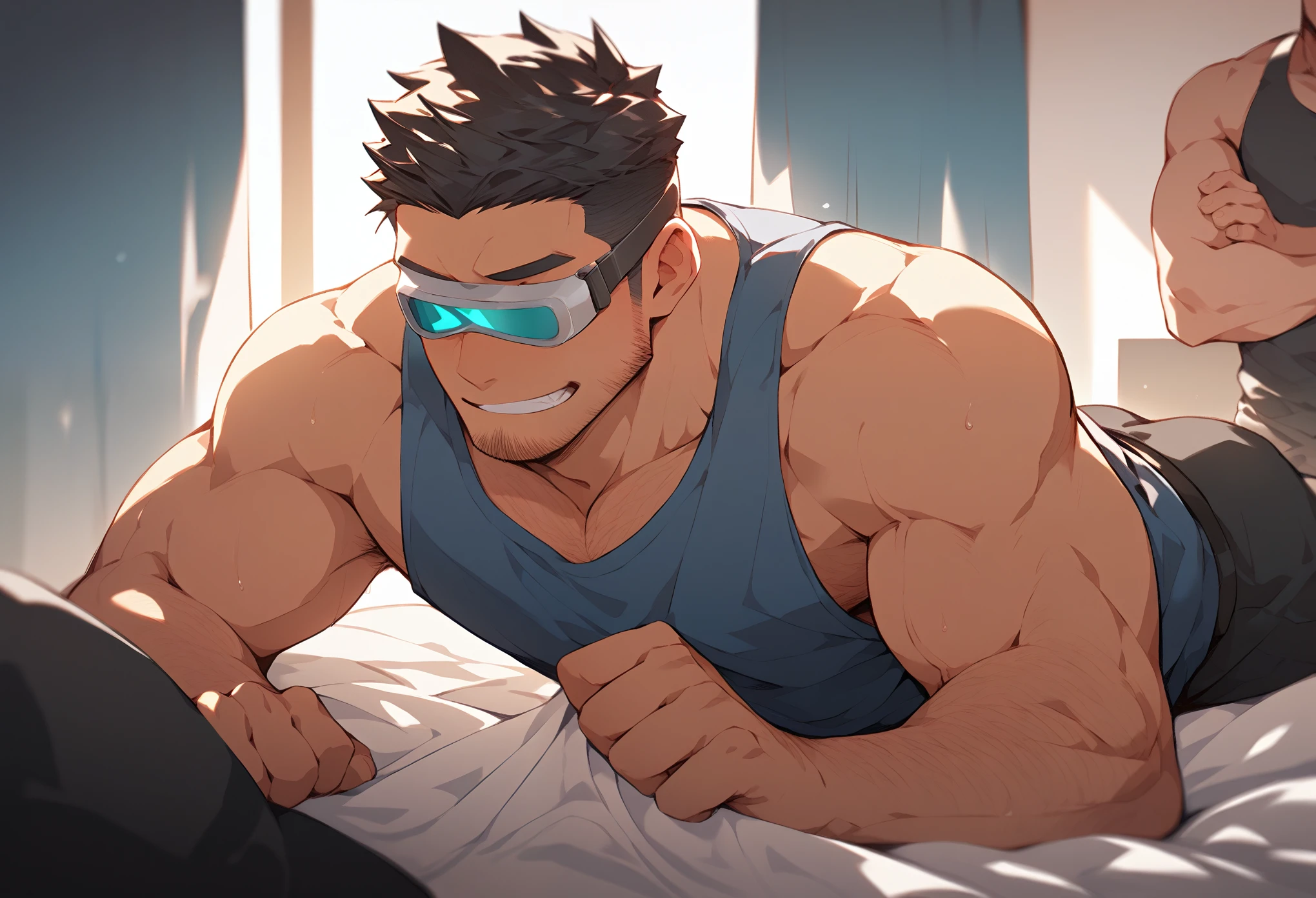 best quality, masterpiece, extremely detailed, manhwa art style, muscular korean man with cute square face, medium curtain bangs, lying face down ass up, big round butt, shy and embarrassed expression, another man in front of him takes photos with his phone, flash, sexy, gay homoerotic, dark cinematic lighting, extremely dramatic shadows, romantic atmosphere, perfection, front view, no watermark, no logo, no signature
