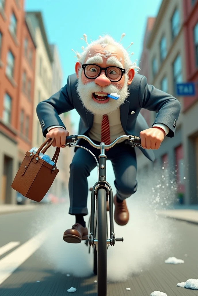 3D animation style, comical scene, man riding a bicycle with his head covered in foam, rushing at an insane speed, he has a toothbrush in his mouth and his mouth is covered in foam, he is wearing glasses, he is wearing a business suit, there is a bag in the front basket of the bicycle, the speed of the bicycle and his foamy state are depicted in detail, 16K quality, funny scene