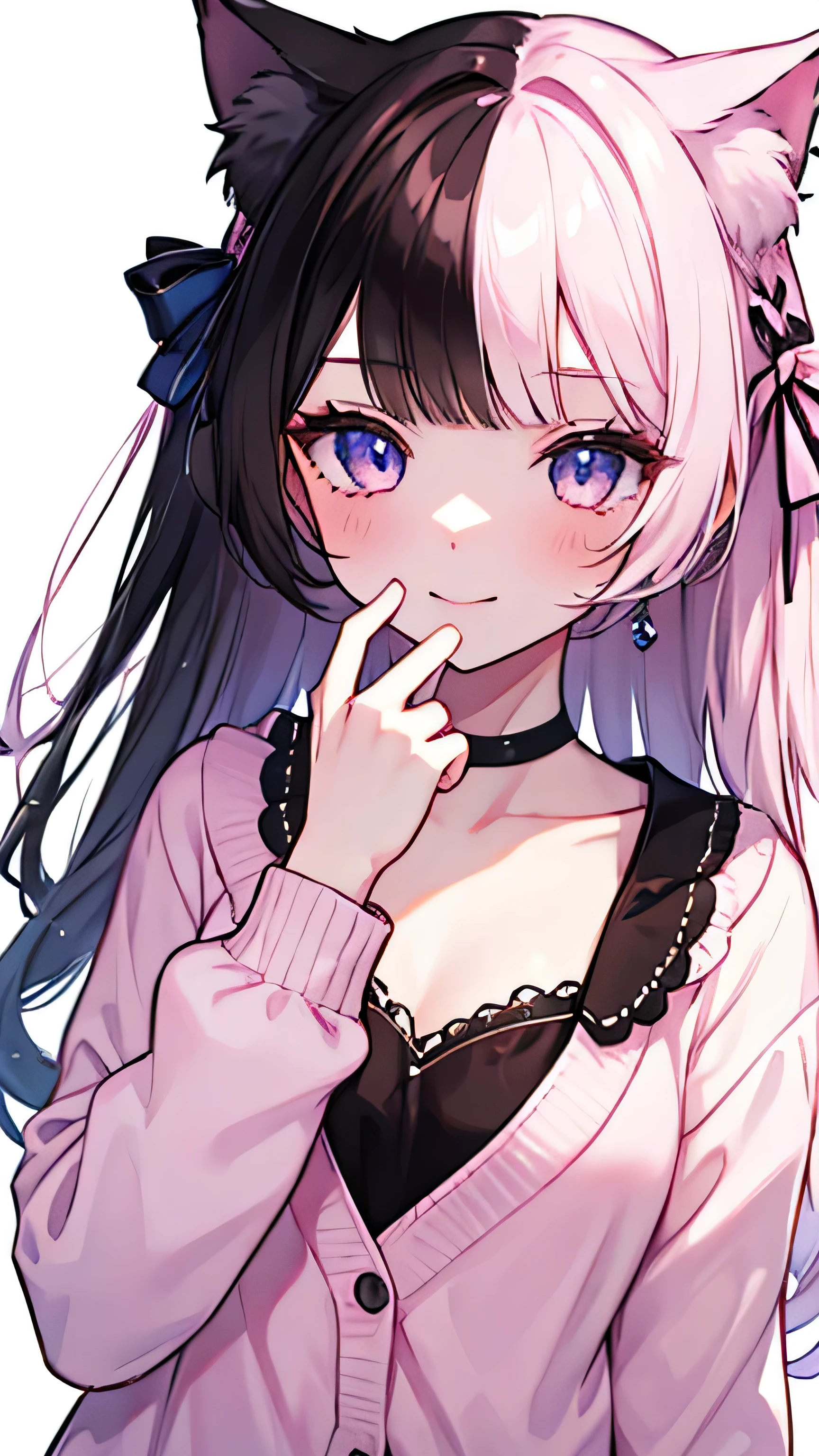 Long Hair, Gray Hair, Pink inner hair, Open your mouth, smile, Panicked, Illustration of pupil not overlapping lower lash line, The lower half of the eye is white, Hollow Eyes, Pink Eyes, Larger clothes, Sleeves are longer than the wrist, , Pink Cardigan, Pink Ribbon, Earrings,  White background, One girl, Cat ears，Alone, hairpin,（Hinano Tachibana）