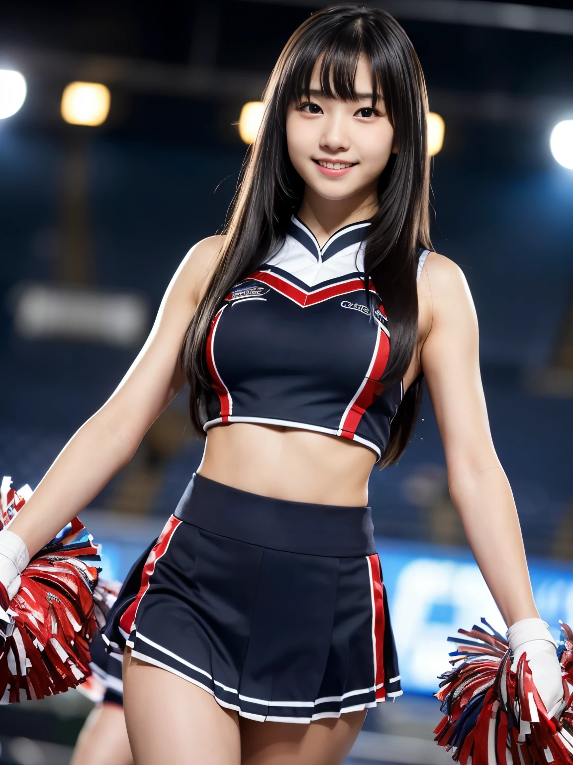 (Best-quality, Masterpiece, Ultra-High-Resolution, (Photorealistic:1.4), Raw Photo, depth of field, professional lighting, perfect anatomy, extremely details), 1girl, 15-years-old, the most famous Japanese idol, wearing cheerleading sleeveless-uniform, ((upturned cheerleading-big-bloomers)), (extremely cute face, (extremely cute big-eyes), extremely cute hair, ((extremely beautiful and extremely realistic skins))), extremely beautiful thighs, detailed cheerleading-big-bloomers, detailed cheerleading-sleeveless-uniform
