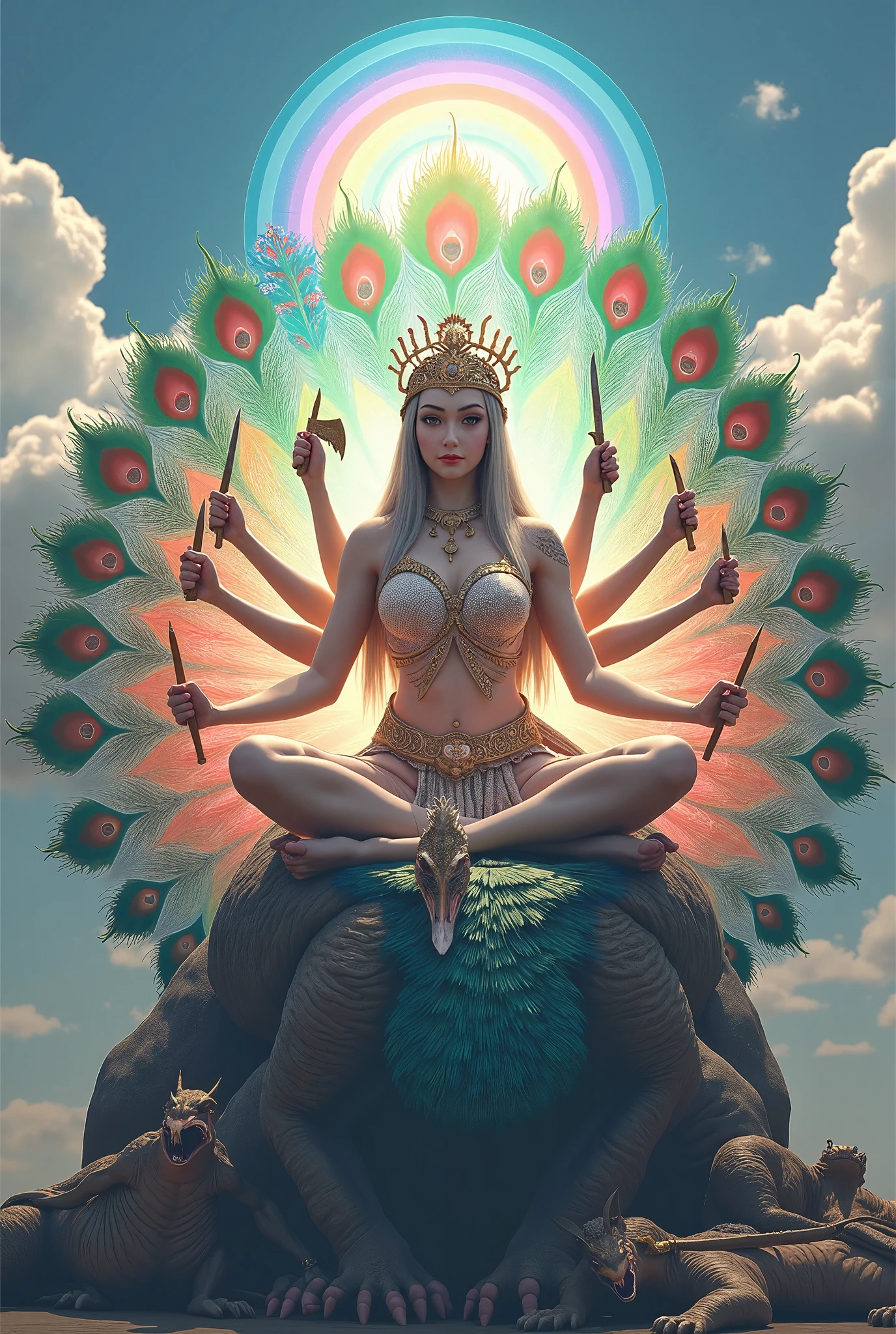 Create a realistic phone wallpaper of the naked goddess nainai nagapoosani amman with one blessing hand sittingunder 5 heads snake