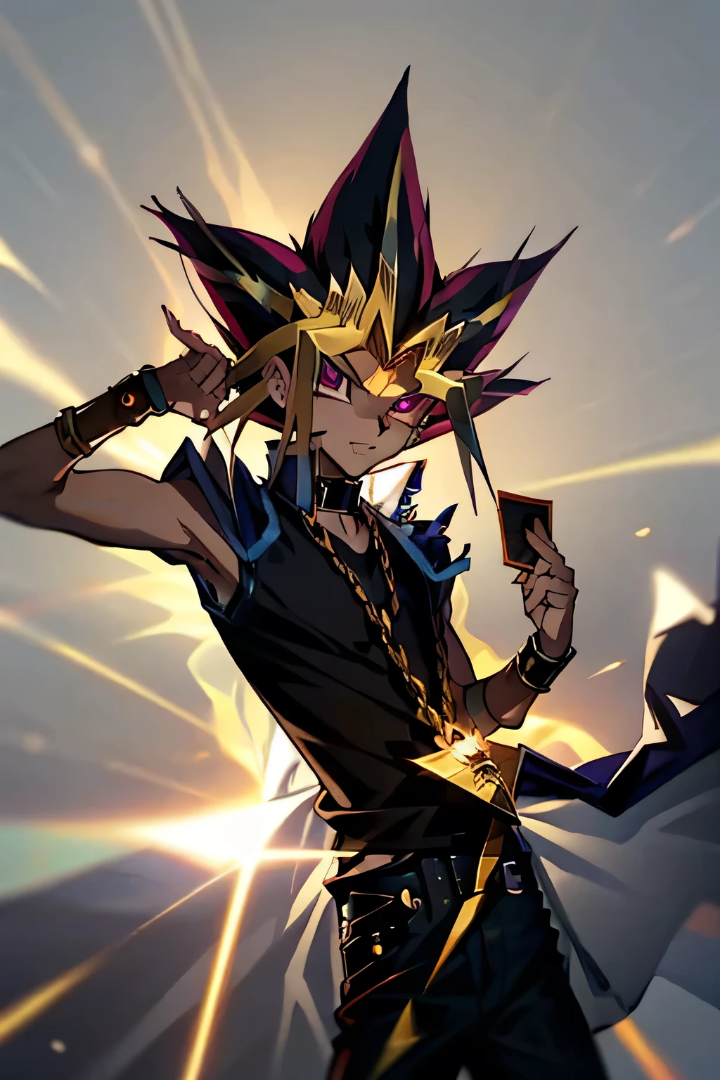 Yugioh anime character Yami Yugi
male,wearing the characters cosplay high-tech deuling disk on left arm. Holing in his hand i one yugioh card glowing oral lens flares atmosphere magical
