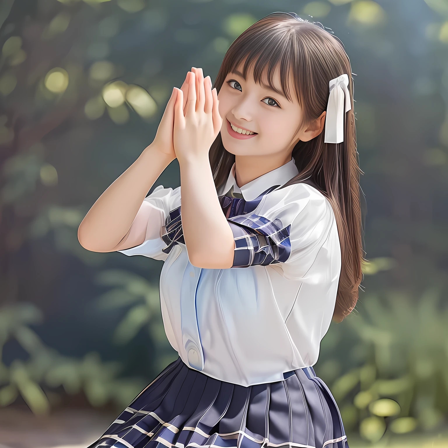 (Highest quality, masterpiece:1.2), Highest quality, High resolution, 1080P, 8k, height: 158cm, (A beautiful girl in a school uniform who has very cute face is sitting and praying, take the shot from their side: 2.0), (School-uniform beautiful 13yo girl models are smiling nobly in a young girls fashion magazine's page, promoting school uniform designed by Japanese school-wear maker: 1.8), (The face is completely organized), (Well-grown rich breast and nice style: 1.8), (well arranged, balanced, untied, neat glossy wavy wavy super-long hair like hair model), (Double-deep-eyelids, wide pupils, completely balanced, very very large, Japanese beautiful popular model's cute widely open eyes, with detailed beautifully: 1.7), (Very-glossy lustrous lips: 1.8), (wide forehead, very high nose: 1.4), (Rich and long bottom-eye-slashes: 1.2), (Drives me crazy for her navy-colored neat tartan plaid blue skirts and make me fall into her navy-colored plaid-print pleats skirt: 1.4), (Fine white-face: 1.6), (Noble girly feminine frilled frilled clean frilled white girly puffed-sleeves blouse: 1.6), (Navy pleated plaid skirt: 1.5), (Burgundy string-ribbon on the breast: 1.4), (Girl whom everyone loves because of her beauty and neat school fashion and noble manner and magic-charm of succubus: 1.3), (face-up shot), (evenly cut curled glossy rich beautiful bangs: 1.6), (bright light hitting her white-face and skirt clearly beautifully), white-shining skin, (She is kissing, licking, and drinking the transparent air in front of her face, and grabbing it with her both beautiful hands and fingers like a prayer: 1.4), (All viewers will be captivated by her because her smile is too much cute), (Nothing but complete plain light blue background: 1.4)