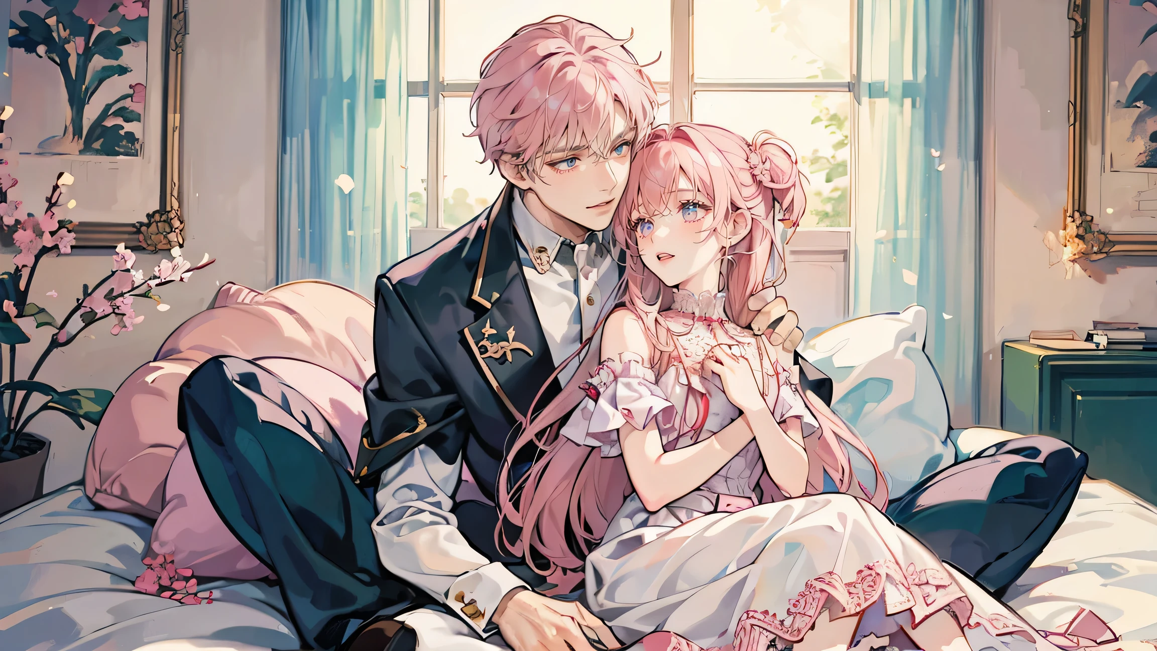 Masterpiece, best quality, super detailed, illustration, beautiful detailed eyes, looking at the audience, close up, a girl and a boy on the sofa, girl pink hair white dress, boy suit