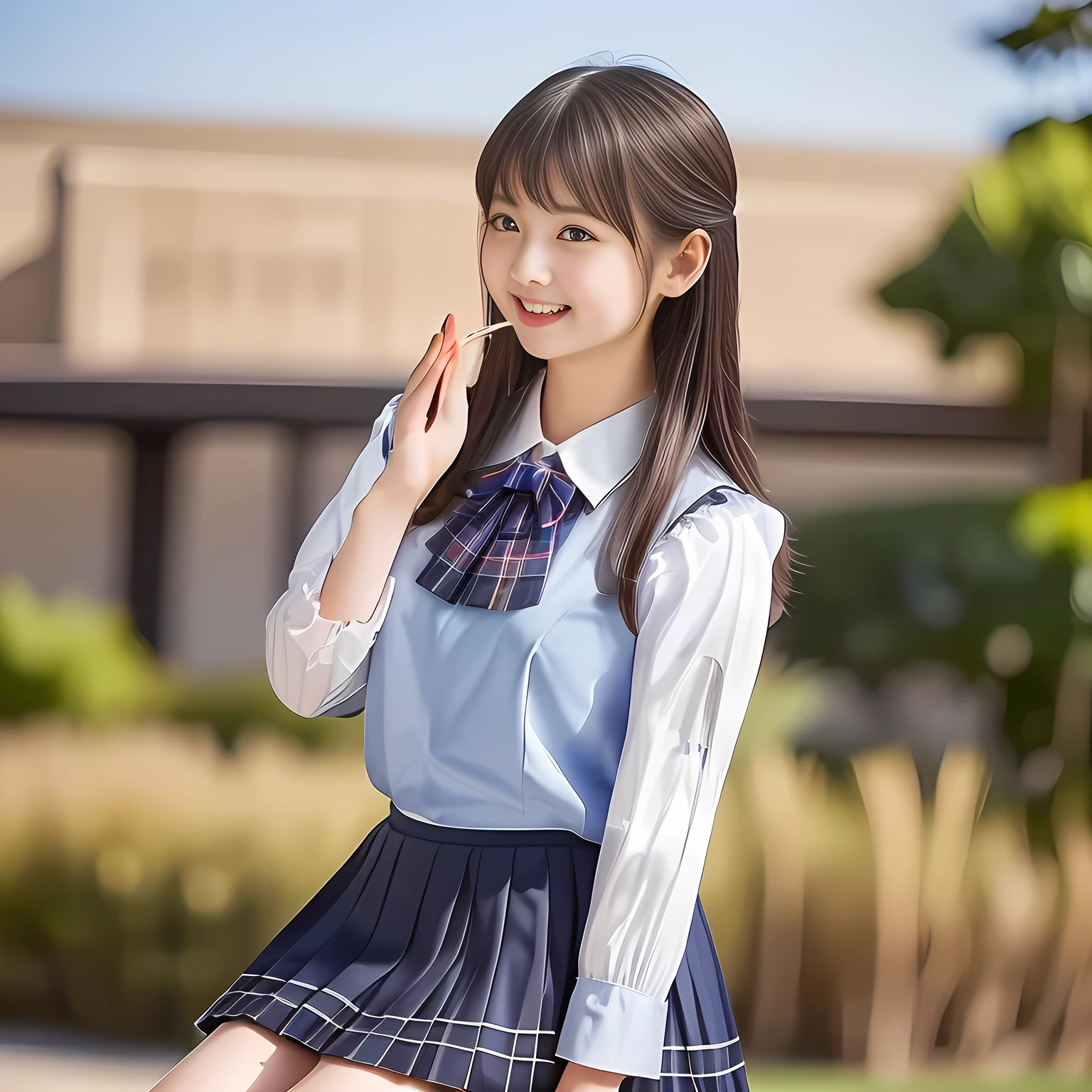 (Highest quality, masterpiece:1.2), Highest quality, High resolution, 1080P, 8k, height: 158cm, (A beautiful girl in a school uniform who has very cute face is sitting and praying, take the shot from their side: 2.0), (School-uniform beautiful 13yo girl models are smiling nobly in a young girls fashion magazine's page, promoting school uniform designed by Japanese school-wear maker: 1.8), (The face is completely organized), (Well-grown rich breast and nice style: 1.8), (well arranged, balanced, untied, neat glossy wavy wavy super-long hair like hair model), (Double-deep-eyelids, wide pupils, completely balanced, very very large, Japanese beautiful popular model's cute widely open eyes, with detailed beautifully: 1.7), (Very-glossy lustrous lips: 1.8), (wide forehead, very high nose: 1.4), (Rich and long bottom-eye-slashes: 1.2), (Drives me crazy for her navy-colored neat tartan plaid blue skirts and make me fall into her navy-colored plaid-print pleats skirt: 1.4), (Fine white-face: 1.6), (Noble girly feminine frilled frilled clean frilled white girly puffed-sleeves blouse: 1.6), (Navy pleated plaid skirt: 1.5), (Burgundy string-ribbon on the breast: 1.4), (Girl whom everyone loves because of her beauty and neat school fashion and noble manner and magic-charm of succubus: 1.3), (face-up shot), (evenly cut curled glossy rich beautiful bangs: 1.6), (bright light hitting her white-face and skirt clearly beautifully), white-shining skin, (She is kissing, licking, and drinking the transparent air in front of her face, and grabbing it with her both beautiful hands and fingers like a prayer: 1.4), (All viewers will be captivated by her because her smile is too much cute), (Nothing but complete plain light blue background: 1.4), very calm and sacred atomoshere