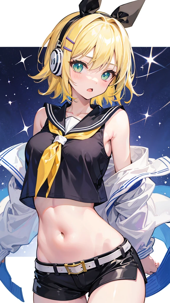 blonde, short hair, girl１, sleep in bed, upper body, completely nude, (small nipples:1.2), (small areolas:1.2), 
kawaii, cute, pale purple eyes, blue sailor uniform lift, blue bowtie, open white shirt