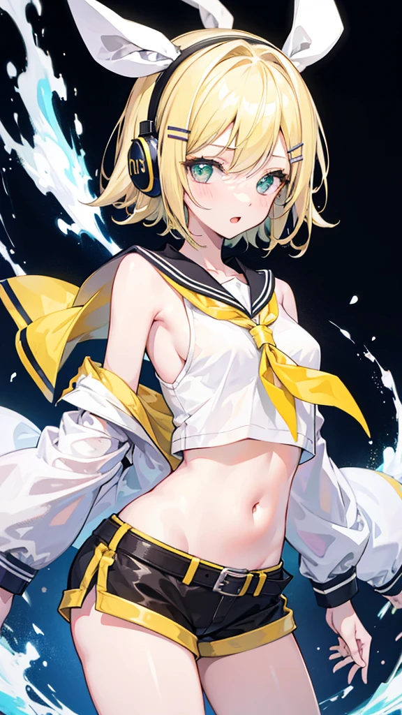 1girl, bright, blonde, light blue eyes, star motif, short hair, uniform bangs, multicolored hair, princess, saleme, side lights, light particles, wallpaper, big, plump, idol, swimsuit, bikini, loose, smile, gentle, clear, loli