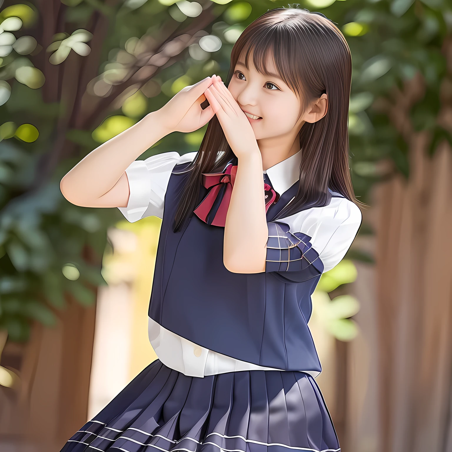 (Highest quality, masterpiece:1.2), Highest quality, High resolution, 1080P, 8k, height: 158cm, (A beautiful girl in a school uniform who has very cute face is sitting and praying, take the shot from their side: 2.0), (School-uniform beautiful 13yo girl models are smiling nobly in a young girls fashion magazine's page, promoting school uniform designed by Japanese school-wear maker: 1.8), (The face is completely organized), (Well-grown rich breast and nice style: 1.8), (well arranged, balanced, untied, neat glossy wavy wavy super-long hair like hair model), (Double-deep-eyelids, wide pupils, completely balanced, very very large, Japanese beautiful popular model's cute widely open eyes, with detailed beautifully: 1.7), (Very-glossy lustrous lips: 1.8), (wide forehead, very high nose: 1.4), (Rich and long bottom-eye-slashes: 1.2), (Drives me crazy for her navy-colored neat tartan plaid blue skirts and make me fall into her navy-colored plaid-print pleats skirt: 1.4), (Fine white-face: 1.6), (Noble girly feminine frilled frilled clean frilled white girly puffed-sleeves blouse: 1.6), (Navy pleated plaid skirt: 1.5), (Burgundy string-ribbon on the breast: 1.4), (Girl whom everyone loves because of her beauty and neat school fashion and noble manner and magic-charm of succubus: 1.3), (face-up shot), (evenly cut curled glossy rich beautiful bangs: 1.6), (bright light hitting her white-face and skirt clearly beautifully), white-shining skin, (She is kissing, licking, and drinking the transparent air in front of her face, and grabbing it with her both beautiful hands and fingers like a prayer: 1.4), (All viewers will be captivated by her because her smile is too much cute), (Nothing but complete plain light blue background: 1.4), very calm and sacred atomoshere