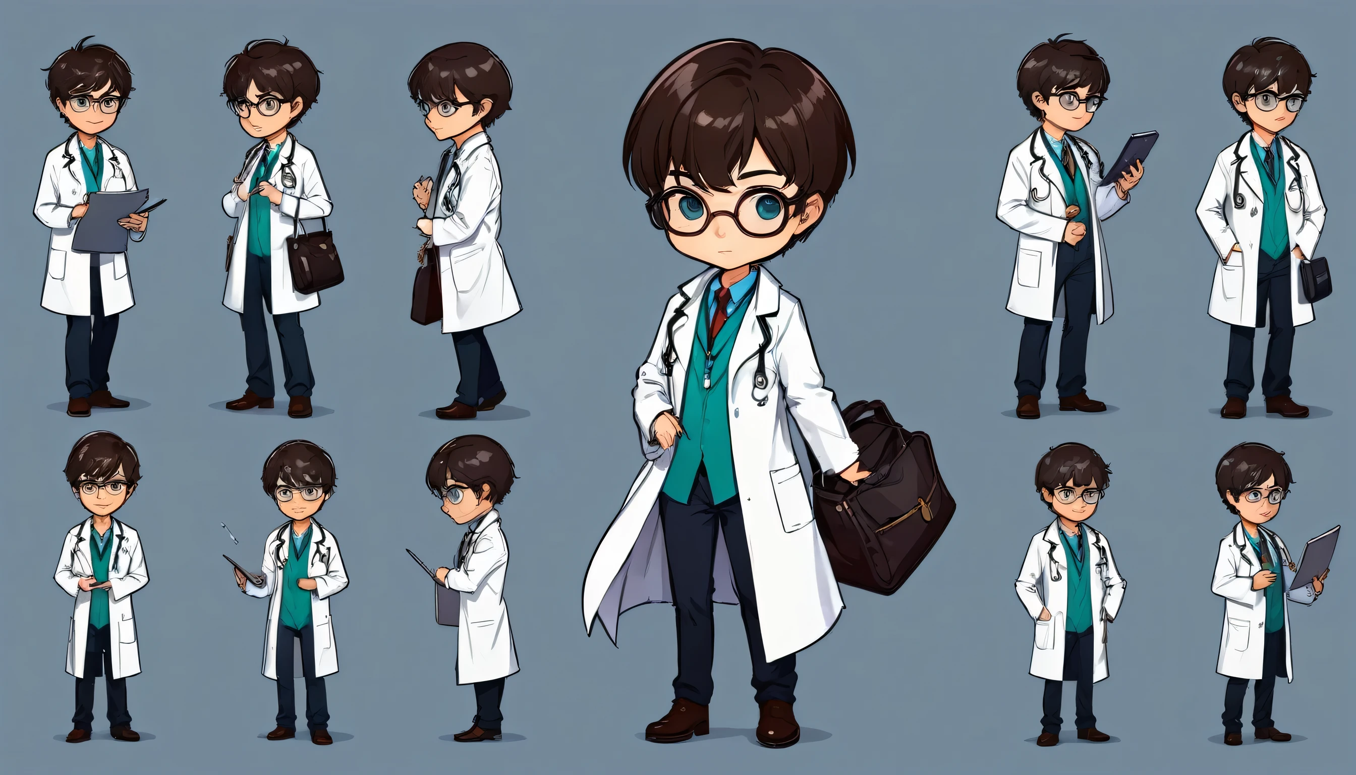 chibi style illustration magical man doctor with short hair. who wore glasses, and a lab coat, putting her hand into her bag, detailed character sheet, multiple poses, multiple angles