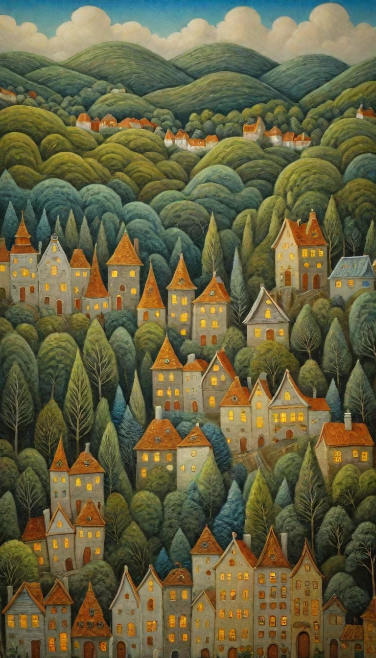 painting of a town with a lot of houses and trees, village in the woods, by Camille Bombois, jane newland, adrian borda, vdragan bibin, cottage town, by Bohumil Kubista, benjamin vnuk, by Yi Inmun, by Nadya Rusheva, tree town, townscape, city on a hillside