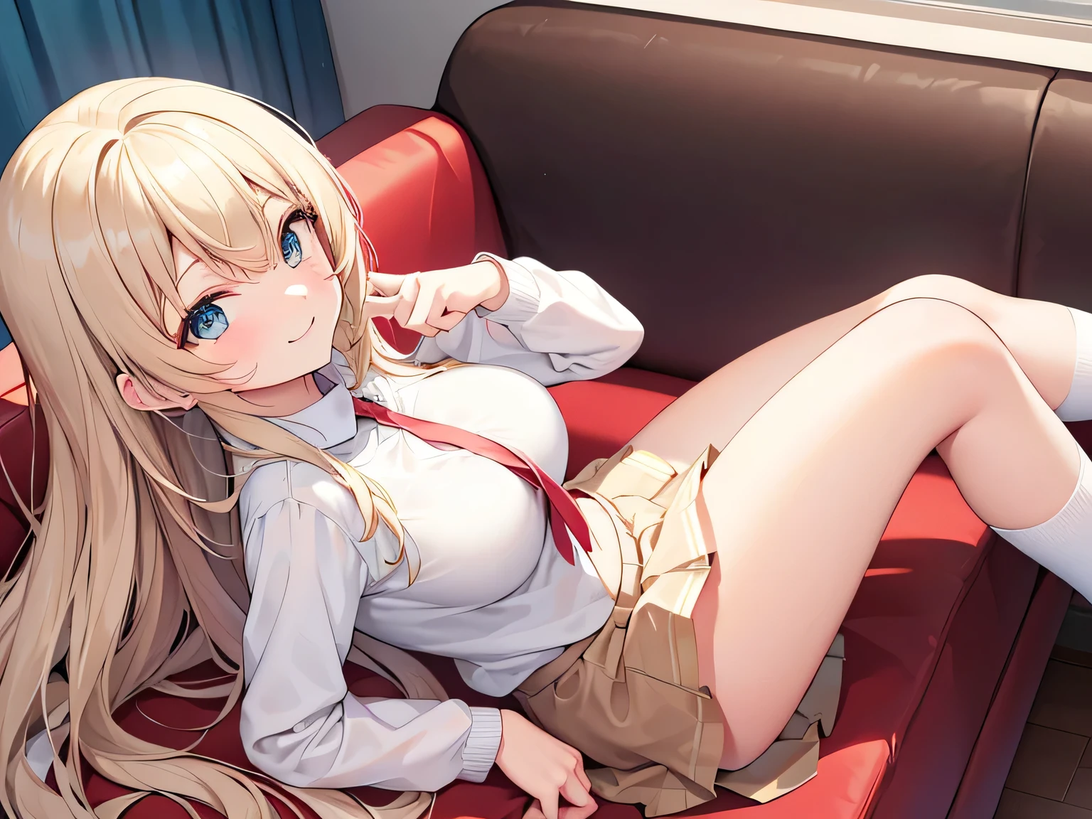 anime image of a woman sitting on a couch with her feet up, in white stockings, high soles, low view, a hyperrealistic schoolgirl, realistic schoolgirl, schoolgirl, mid view from below her feet, giantess art, white stockings, big feet, extremely high detail!!, detailed foot pov, detailed legs towering over you