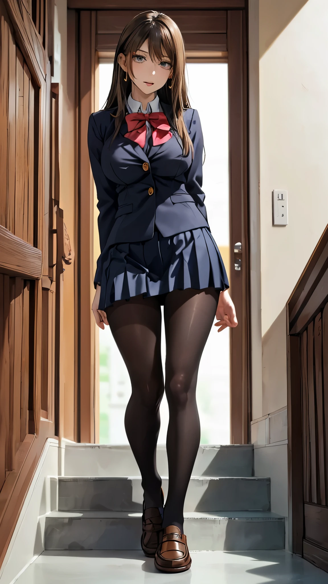 ((Correct Anatomy)),((Lace panties)),((Mini Pleated Skirt)),(((Student Uniform))),((Beautiful legs)),((Beautiful feet)),((Black Pantyhose)),((loafers)),Ultra-high resolution, Mature Woman, Mature Woman, Very detailed, ((Busty)), Perfect hands, Detailed fingers, Beautiful details,((Long, long hair)),Earrings,Perfect Eyes, Seductive eyes,((Standing posture)),((School stairs)),low angle