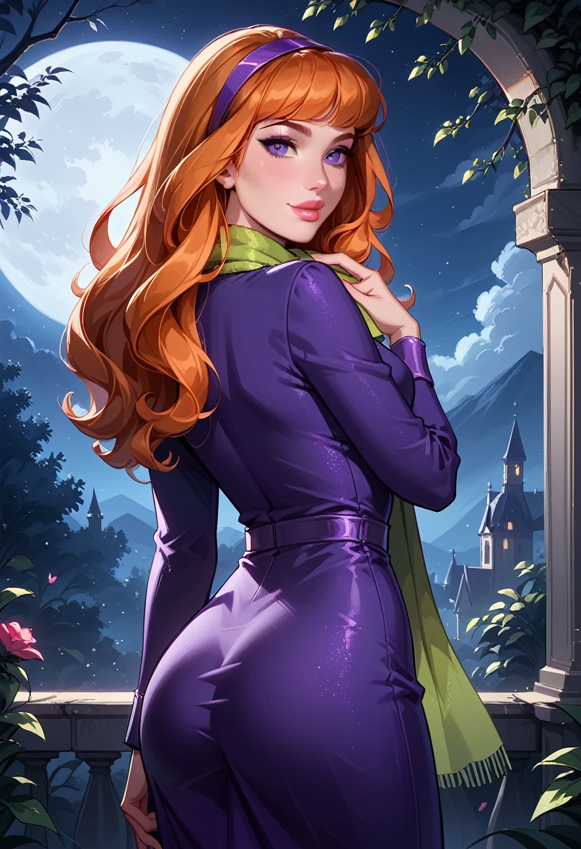 score_9, score_8_up, score_7_up, cinematic film still, solo, 1girl, very sexy (EPsbdDaphne, orange hair, long hair, purple eyes, purple hairband, green scarf, short purple dress, long sleeves:1.3), beautiful waifu, thicc, flirt, gaze, sexy look, half-closed eyes, head tilt, filled lips, thick lips, sweet smile, makeup, sexy pose, confident, cowboy shot, looking back, ass, from behind, haunted mansion, night, dark, expressiveh d4rk01l, perfect hands, perfect proportions.