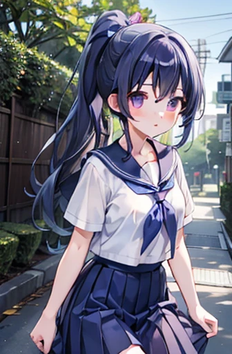 Minamimatsuura, Kanan Matsuura, Blue Hair, Long Hair, ponytail, (Purple eyes:1.1), Side Lock, Blake Aquaneckerchief, グレーのSailor collar, グレーのskirt, ミニskirt, neckerchief, プリーツskirt, Sailor collar, セーラーshirt, School Uniform, Seraph, shirt, skirt, Summer clothes, Uranohoshi Girls&#39; High School uniform, 白shirt,A little bit wild、Big full chest、break looking at viewer, break (masterpiece:1.2), Best Quality, High resolution, Unity 8k wallpaper, (Illustration:0.8), (Beautiful detailed eyes:1.6), Detailed face, perfect lighting, Highly detailed CG, (Perfect hands, Perfect Anatomy),smile、,(Black Panties:1.3)、(Fully exposed panties:1.5)、Sit with your knees bent、Eight-headed body、Beautiful legs 、As if looking up from below、(Pull your knees to your chest)、Outside the house、Outdoors、Large Breasts、