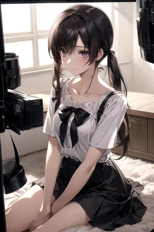 masterpiece、Game CG、Best Quality、Super detailed、Detailed Light、Slim body、Thin legs、clavicle、Slenderな体型、Detailed eyes、Slender、cute、woman、20 years old、Medium Breast、Black Hair、Long Hair、Brown eyes、Twin tails、White blouse、skirt、（cry、Nose redness：1.4）、Raising his arms、（rope、Arms tied:1.5）、（Sitting、Increasing demand、Spreading her legs、Showing off panties:1.2）、Light pink panties、（(Video camera、Filming equipment、Filming in progress:1.7、monitor:1.4))、（Splash、White powder、photograph、On the floor：1.2）、In the ruins、（Under the roof）、Overhead Shot、