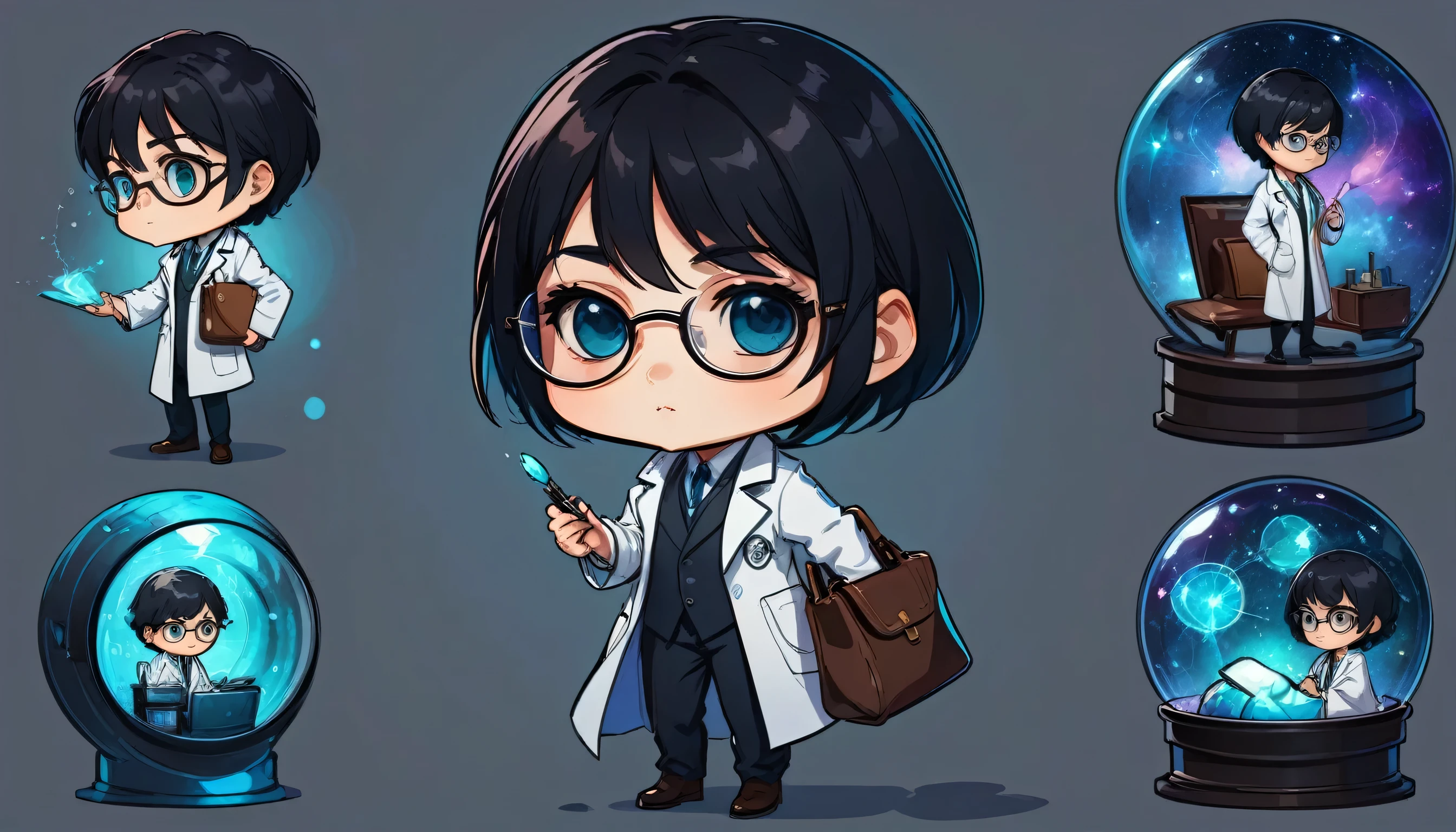 chibi style illustration magical man doctor with short hair. who wore glasses, and a lab coat, putting her hand into her bag, detailed   character sheet, multiple poses, multiple angles , black hair 