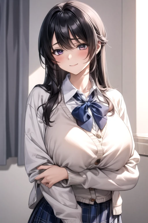 (masterpiece, best quality),nsfw,
1girl, smartphone,, BREAK girl, 15 yo, (:1.5), black hair, medium long hair, (straight hair:1.1), (braid:0.8), grey eyes, ultra detailed eyes, (huge breasts:1.1), hanging breasts, (tareme:1.3),
(torogao:1.3), sleepy, half-closed eyes, blush, gaping, rape face, smile,

BREAK school uniform, (white collared shirt:1), long sleeves, red neck ribbon, (open cardigan:1), beige cardigan, (covered nipples:0.5),
BREAK (blue checked skirt:1.1), white lace panties,