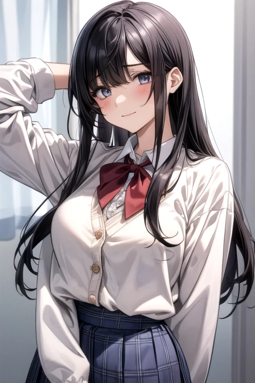 (masterpiece、Best Quality)、nsfw、girl1人、Smartphone、girl、Age 15、(:1.5)、Black Hair、Medium Long Hair、(Straight Hair:1.1)、(Braids:0.8)、Grey Eyes、Ultra-detailed eyes、(Big Breasts:1.1)、Saggy breasts、(Droopy eyes:1.3)、(top of head:1.3)、Sleepy、Half an eye、blush、Gaping Open、Rape face、smile、uniform、(White collared shirt:1)、Long sleeve、Red neck ribbon、(Open cardigan:1)、Beige cardigan、(Hidden nipples:0.5)、(Blue checked skirt:1.1)、White lace panties、Filming in progress:1.7