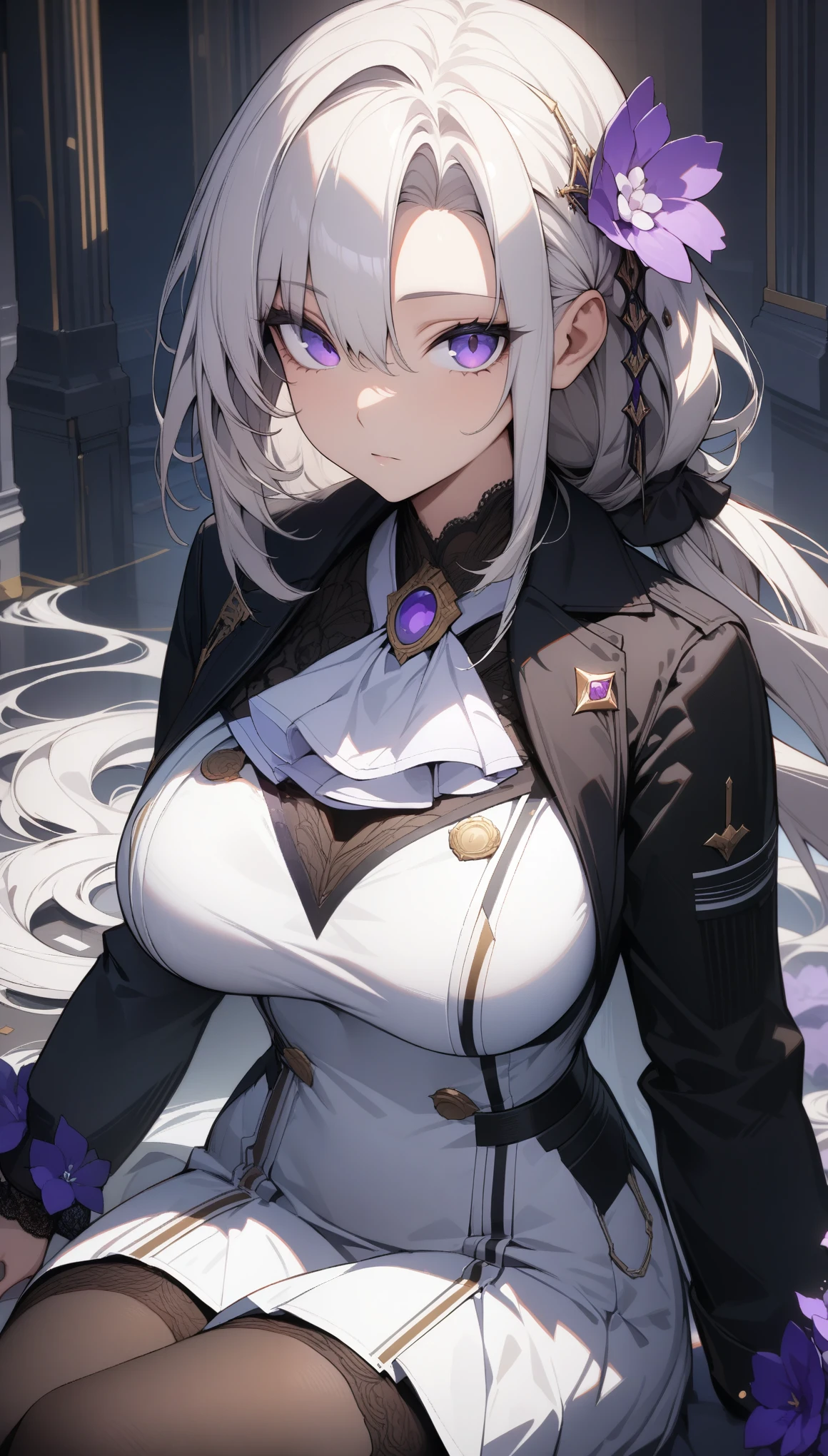 (best quality:1.3), (masterpiece:1.3), (illustration:1.3), (ultra-detailed:1.3), 1girl, solo, (((aged up, mature, tall, large breasts,))) purple eyes, white hair, long hair, white dress, black coat, black beret, serious expression, angry expression, looking at viewer, purple flower, hair ornament, french braid, night sky, glowing purple butterfly,