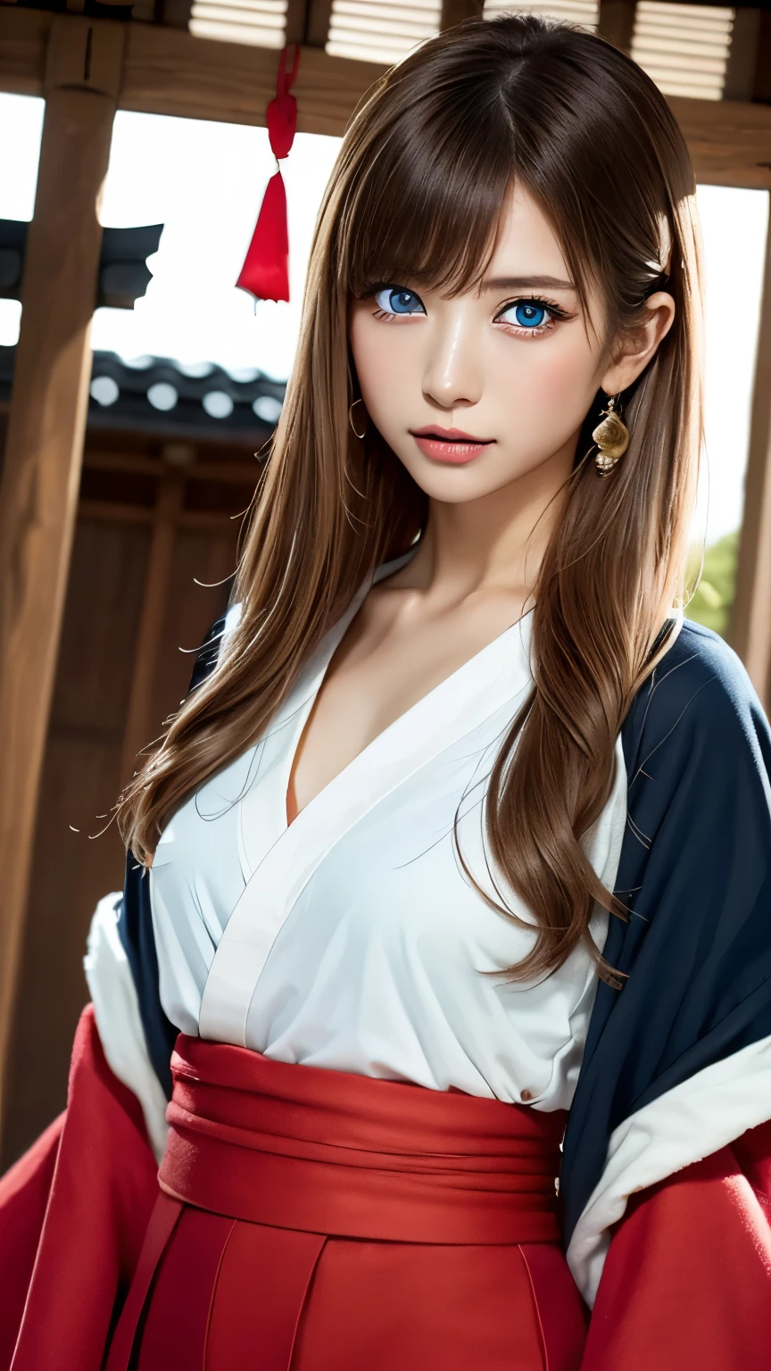 cinematic texture, 1girl, long flowing hair, red kimono, medium breasts, best quality, masterpiece, sharp focus, detailed, brown hair, very detailed, close up, blue eyes, upper body,