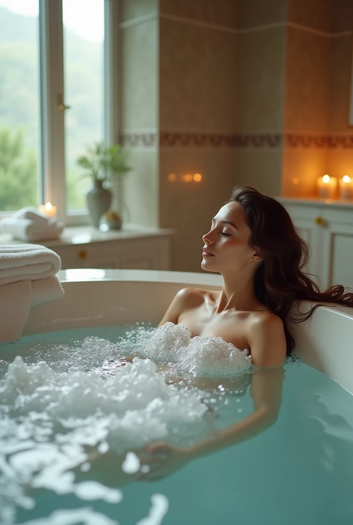 A jacuzzi bath with a beautiful woman